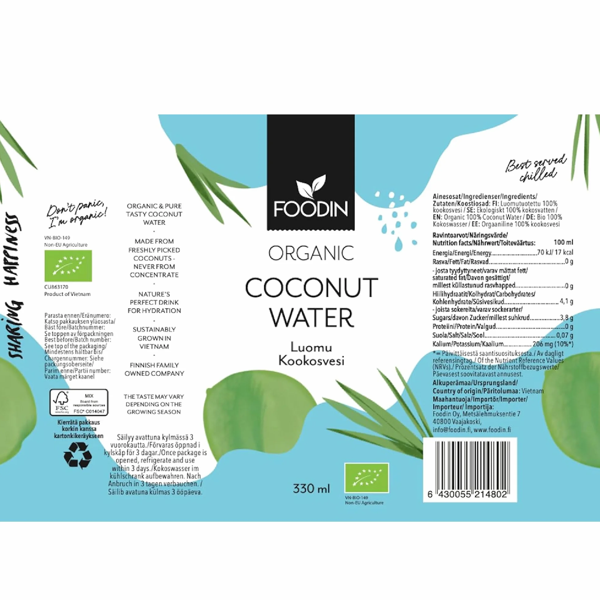 Foodin Woda Kokosowa Organiczna, Naturalnie Nawilżająca z Elektrolitami, Bez Tłuszczu, Bez Glutenu, Bez GMO, Niskokaloryczna - Kojący Gaszenie Pragnienia - Opakowanie 12 sztuk (12x330ml)