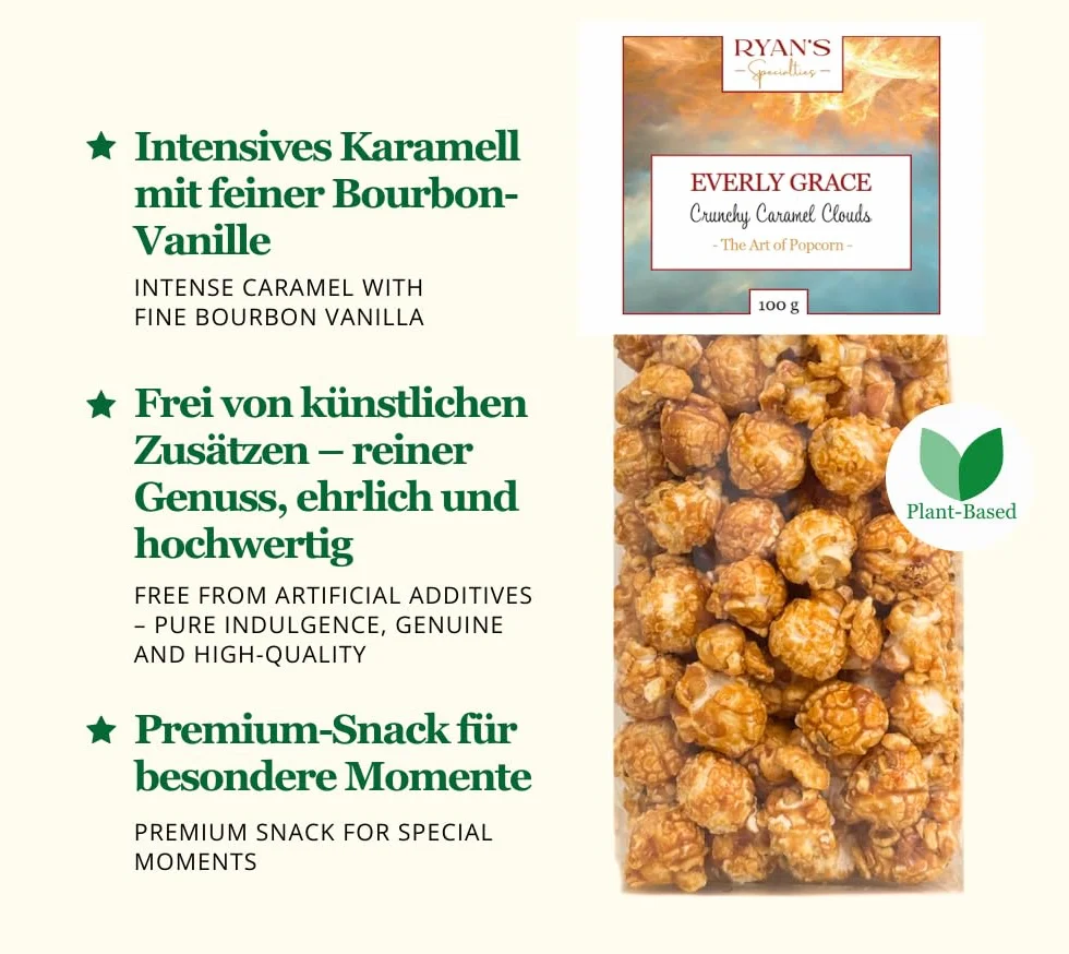 Everly Grace Popcorn – Crunchy Caramel Clouds, 100 g – Chrupiący karmelowy popcorn, ręcznie robiony w naszej manufakturze w Augsburgu, Niemcy