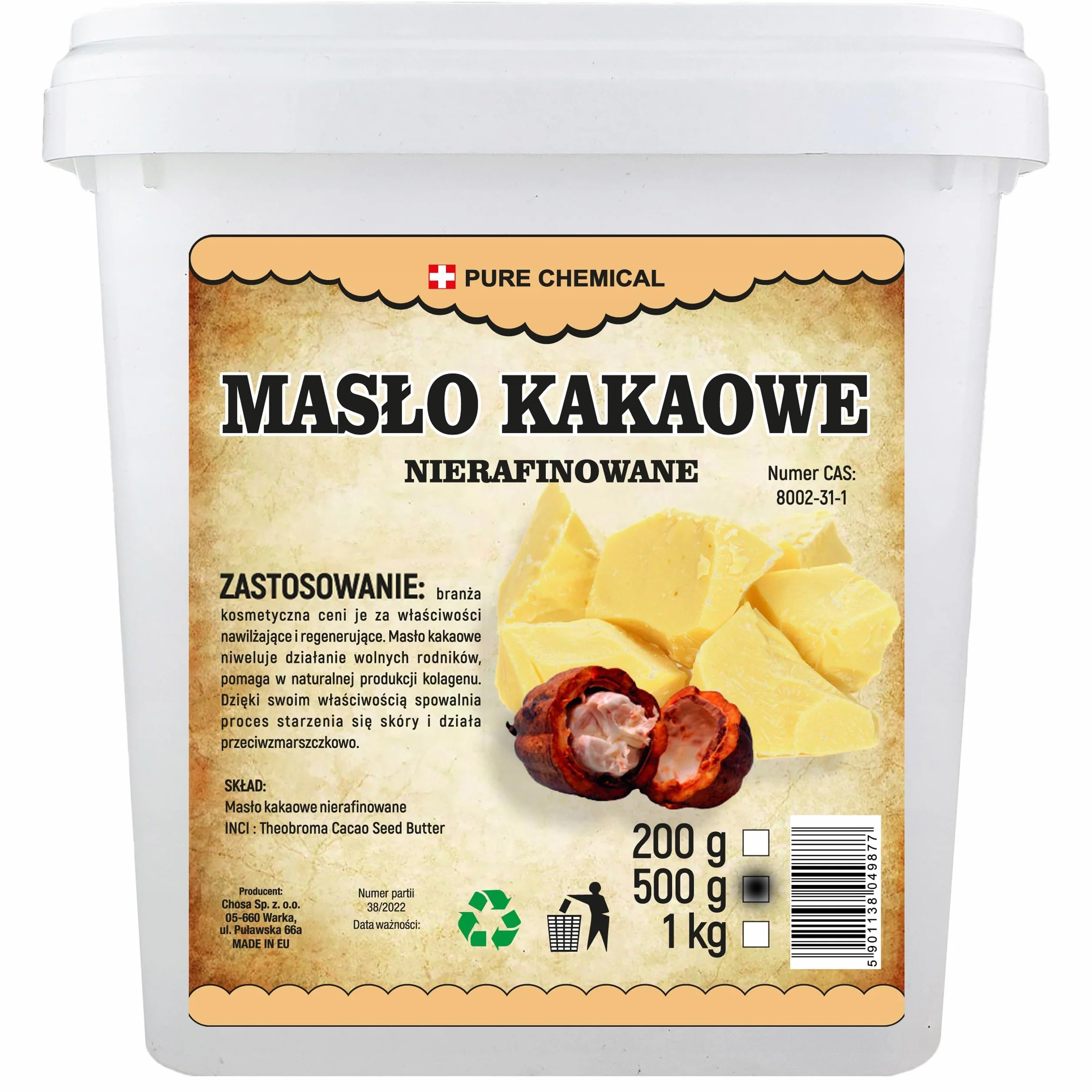 PURE CHEMICAL Masło Kakaowe Nierafinowane Naturalne Łupane (0,5kg)