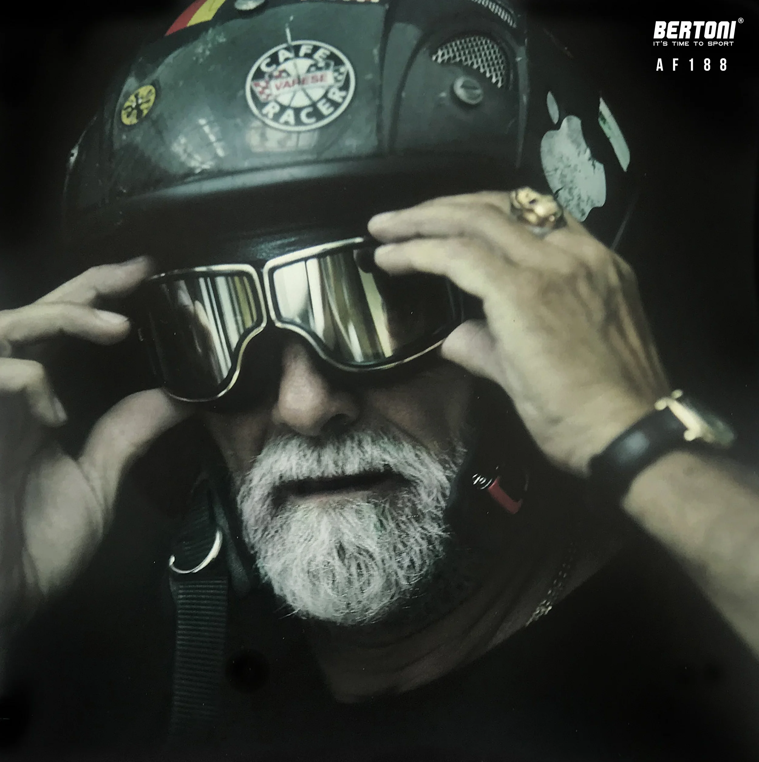 BERTONI Okulary motocyklowe w stylu vintage - czarne skórzane okulary Aviator do kasków (przezroczyste srebrne soczewki lustrzane)