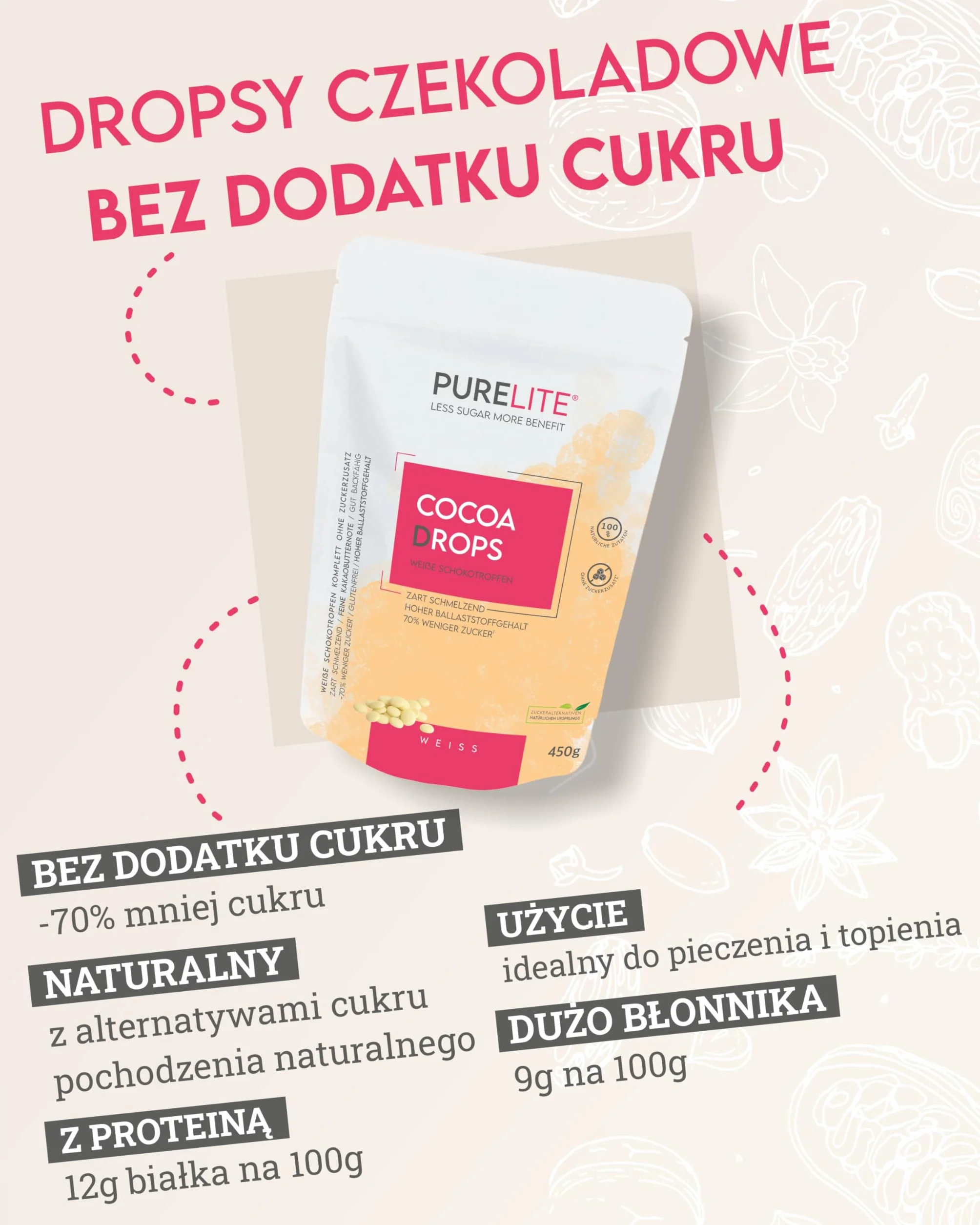PURELITE Krople Czekoladowe białe – wegetariańskie, białe krople kakaowe bez dodatku cukru, słodzone erytrytolem i stewią, idealne do roztapiania, niskokaloryczne, aż o 70% mniej cukru, 450 g
