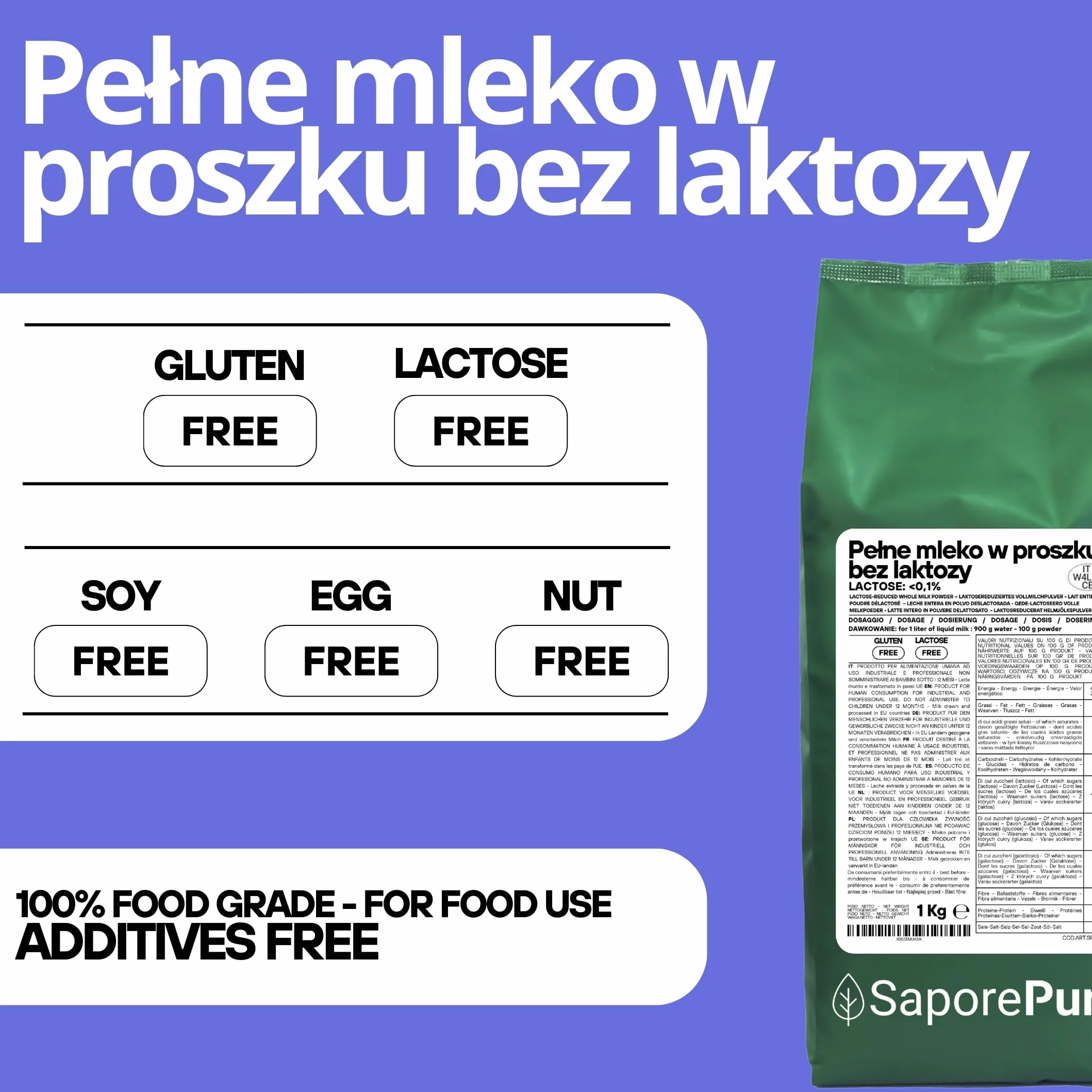 SaporePuro Pełne Mleko w Proszku Bez Laktozy 1 kg Wysoka Rozpuszczalność Bezglutenowe