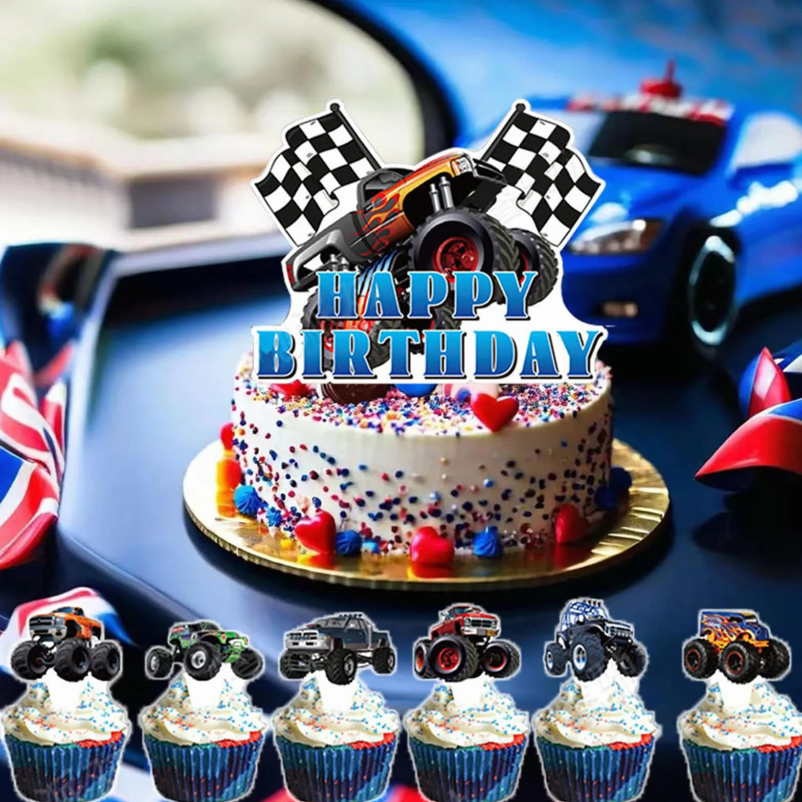 Monster Truck zestaw nakładek na tort – Happy Birthday dla chłopców – dekoracje na muffinki, nakładki na babeczki, akcesoria dla dzieci