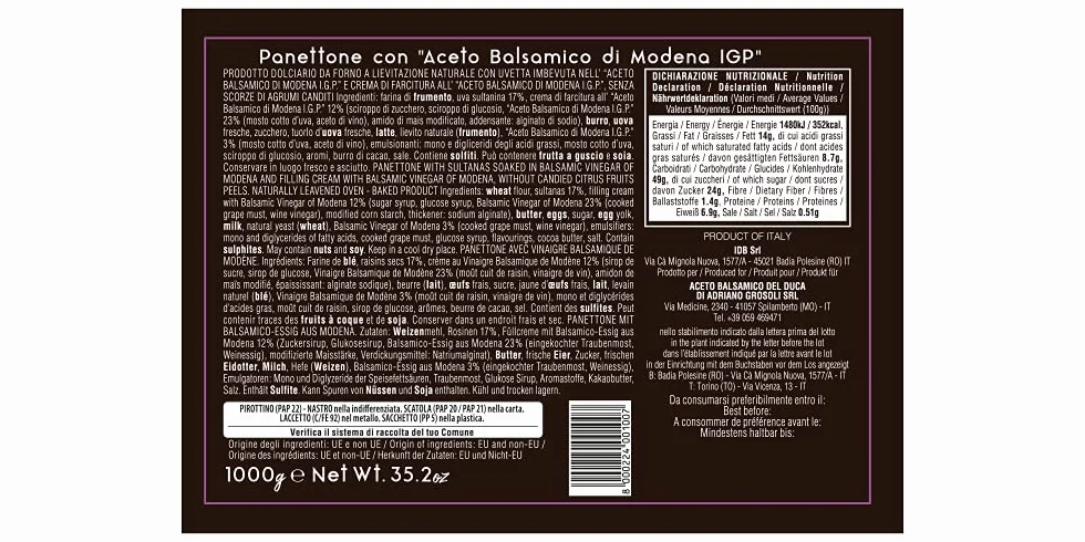 Panettone z "Ocetem balsamicznym z Modeny ChOG" del Duca - Ciasto świąteczne - miękkie ciasto i nadzienie balsamiczne - 1 kg - eleganckie opakowanie