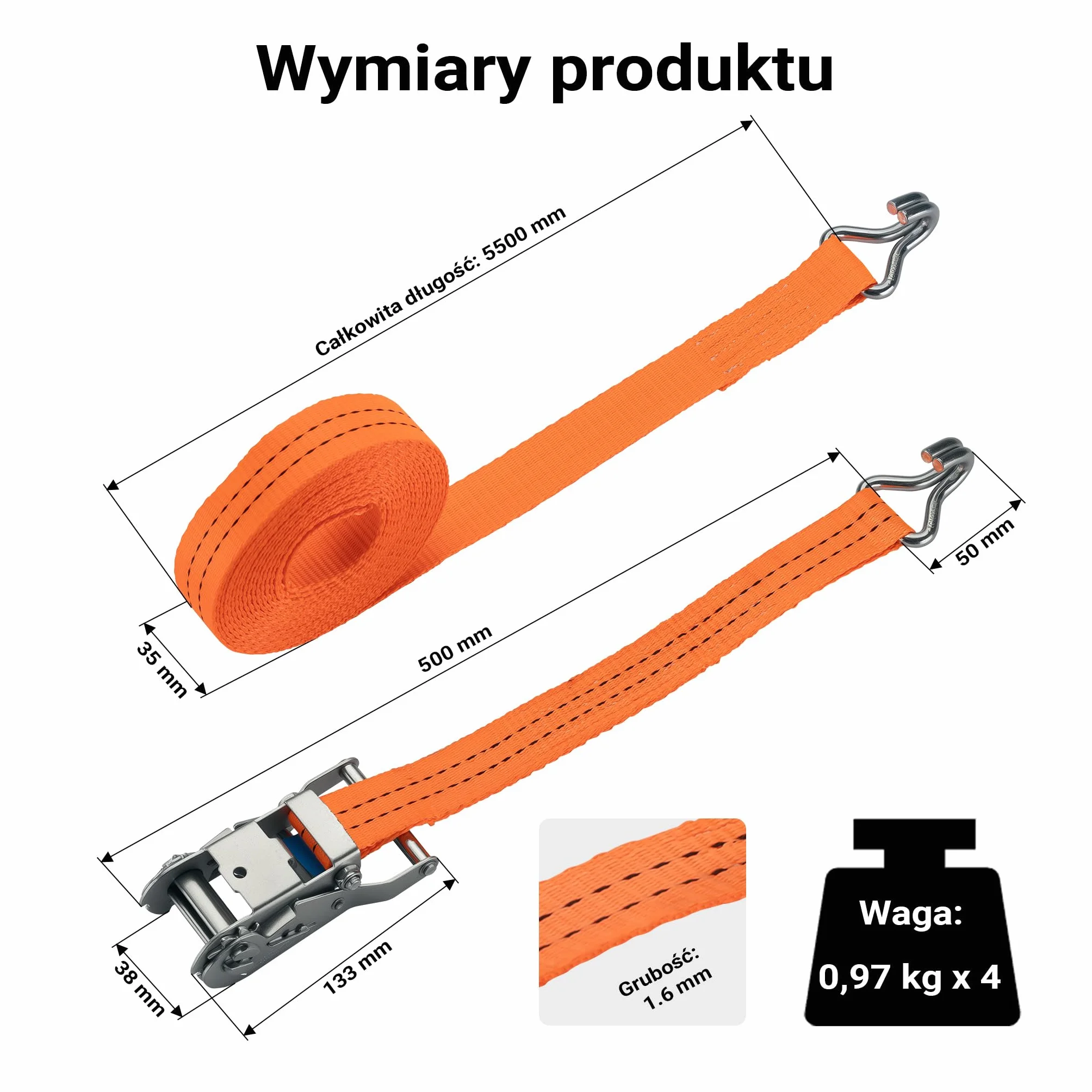 XPOtool Pasy transportowe z napinaczem 3000 daN zestaw 4 pasów o długości 6m i szerokości taśmy 35mm