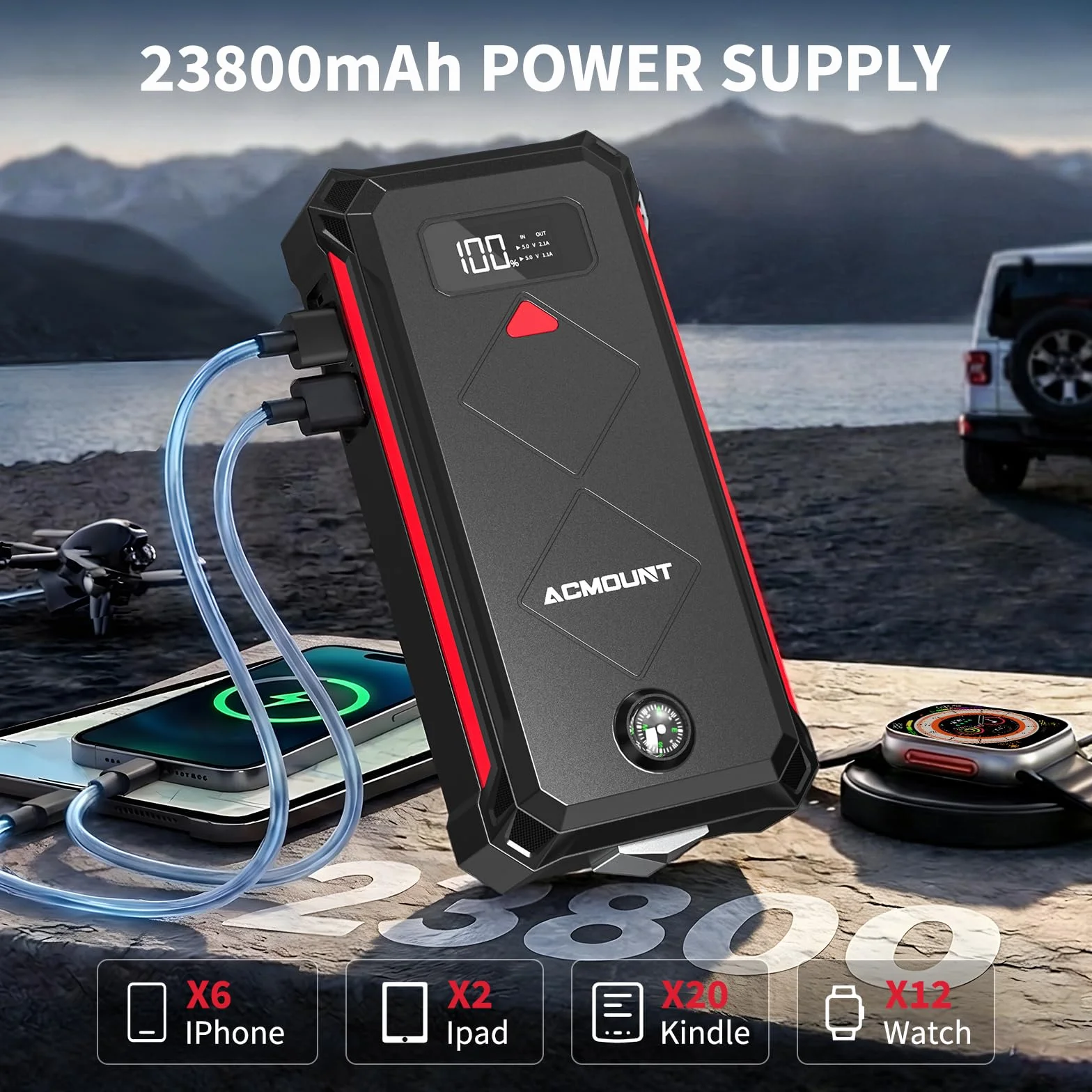 Acmount Powerbank Rozruchowy, 7000A Samochodowy Powerbank Rozruchowy do Osobowych, Rozrusznik (Do 12L Benzyna/10L Diesel), Booster Baterii z Latarką LED, Kablami Rozruchowymi, USB i Kompasem