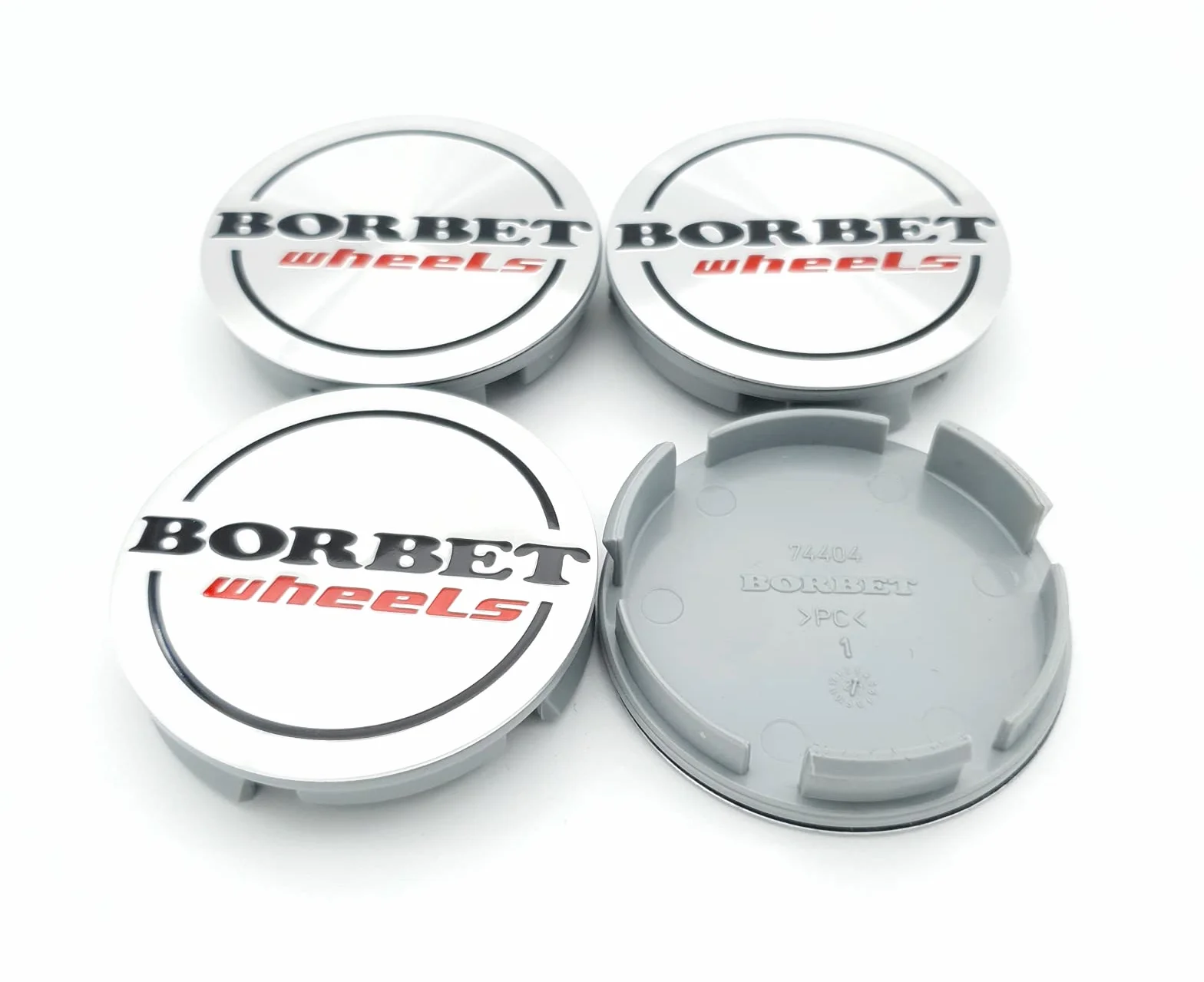 4 x oryginalne dekielki do piasty Borbet 56 mm, pokrywy felg, nakładki na piasty, srebrne, aluminiowe, szczotkowane