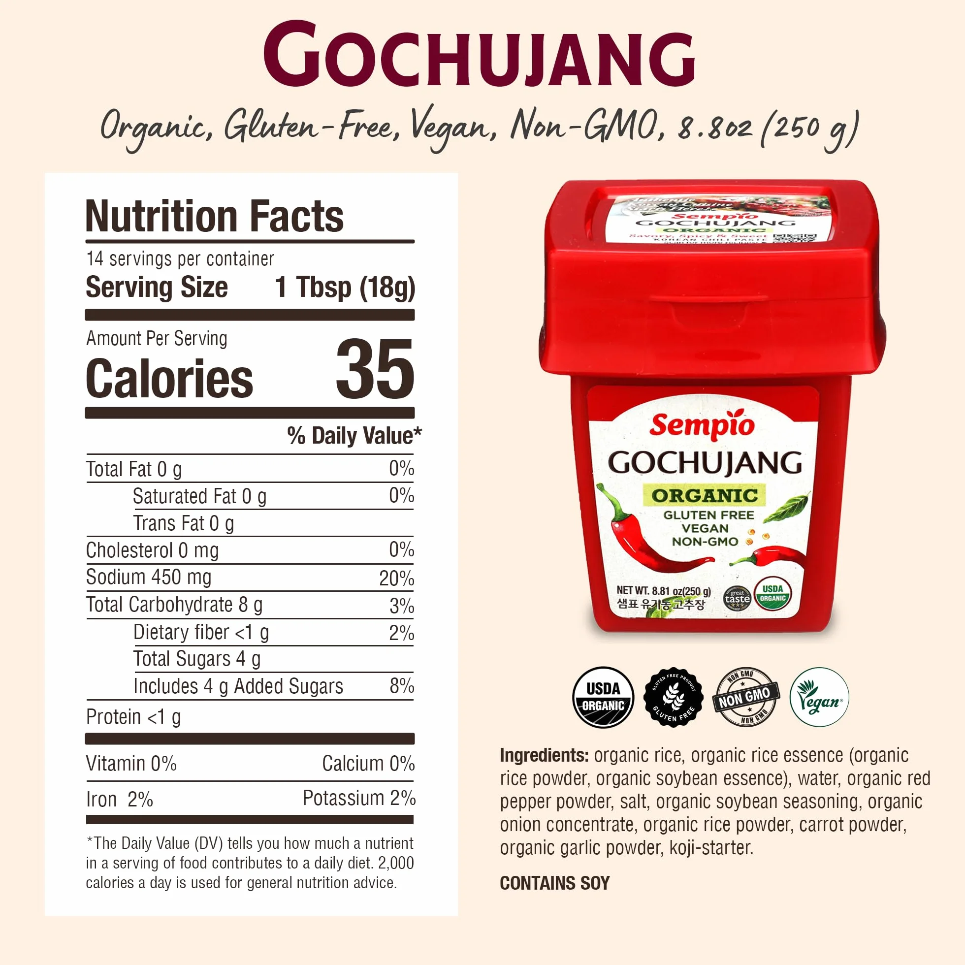 Gochujang Pasta organica de soja con chile Coreano de Sempio - Pasta Picante Sin Gluten, Vegano, Non-GMO 250g