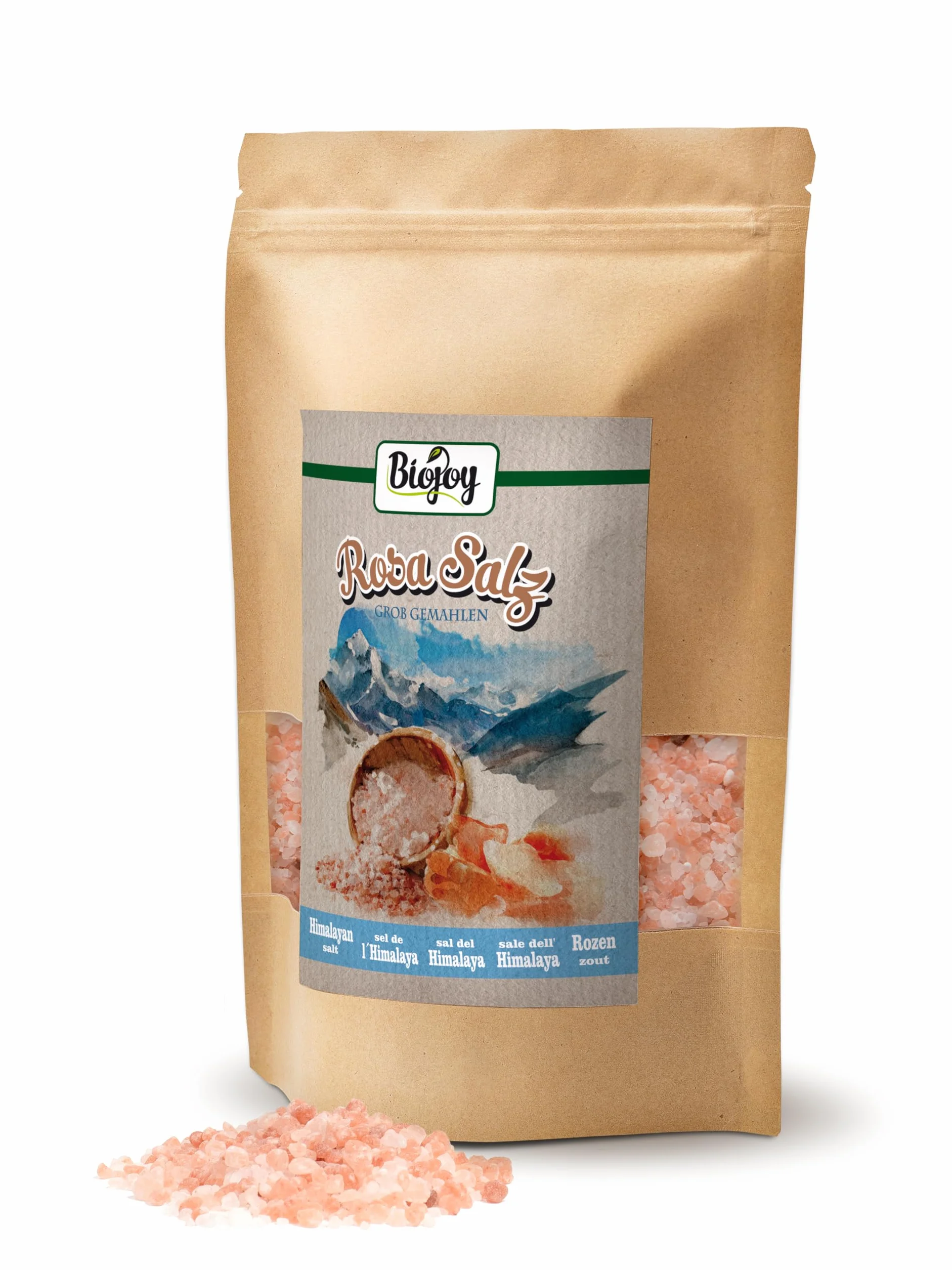Biojoy Różowa sól (1 kg) gruboziarnista 2-5 mm do młynków do soli, znana jako sól himalajska, Salt Range Pakistan