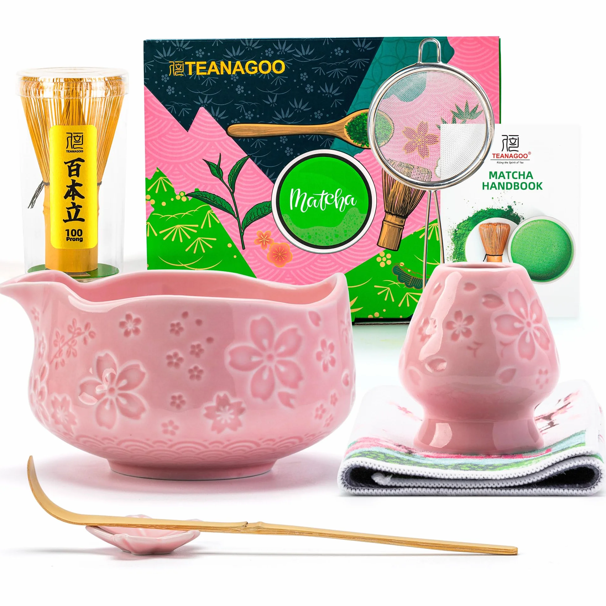 TEANAGOO Zestaw 7 różowych trzepaczek do matcha z motywem kwiatu wiśni, kompletny zestaw ceremonii, ceramiczna miska do chawan z wylewką, trzepaczką i akcesoriami, tradycyjny zestaw do herbaty matcha