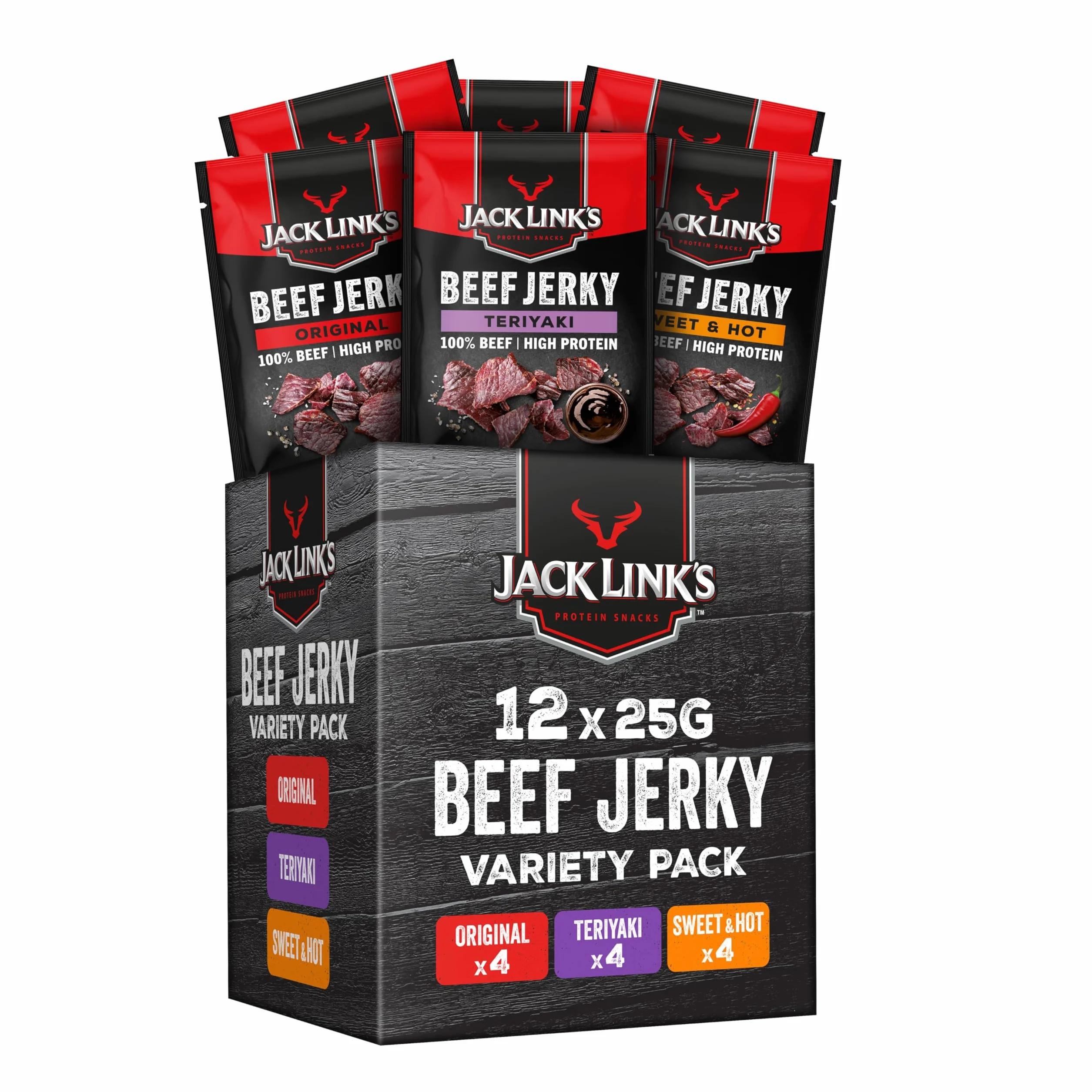 Jack Link's Beef Jerky Suszone Mięso Wołowe, Wysokobiałkowa Przekąska, Karton 12 x 25 g