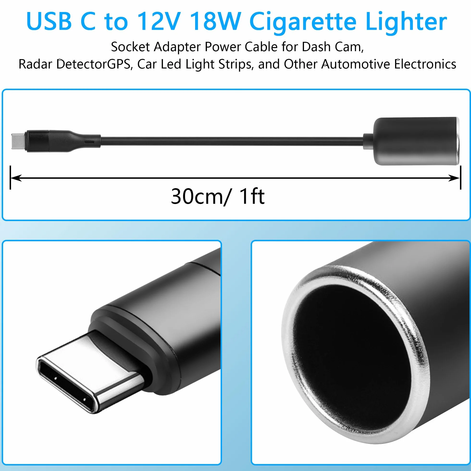 CERRXIAN 0,3 m USB C męski na 12 V 18 W adapter gniazda zapalniczki samochodowej kabel zasilający do kamery samochodowej, detektora radaru, GPS, samochodowych pasków świetlnych LED i innej elektroniki
