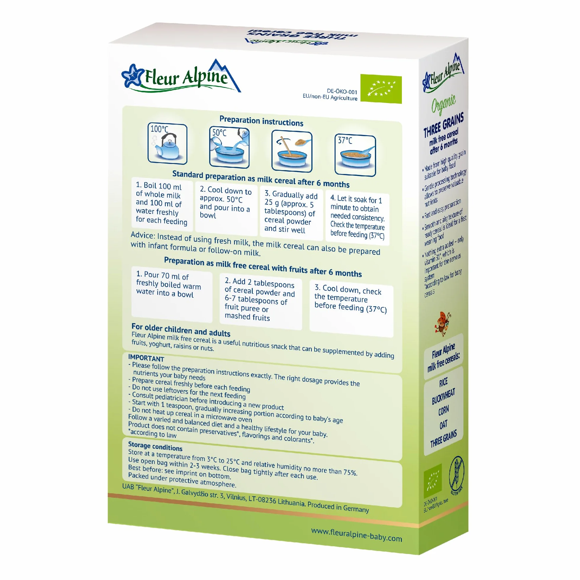 FLEUR ALPINE Organiczna kaszka trójziarnista bez nabiału Zestaw 2, dla niemowląt od 6 mies., bezglutenowa, bez dodatku cukru