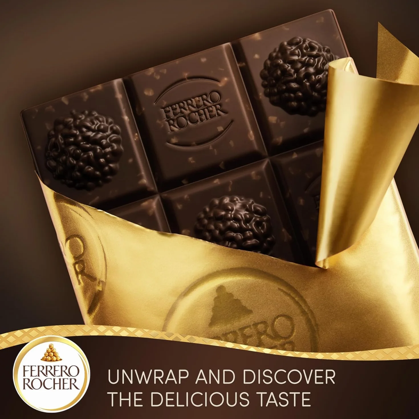 Ferrero Rocher batonik z ciemną czekoladą i orzechami laskowymi, batoniki czekoladowe, 55% ciemnej czekolady z chrupiącymi pełnymi orzechami laskowymi i nadzieniem kakaowym, (90 g)