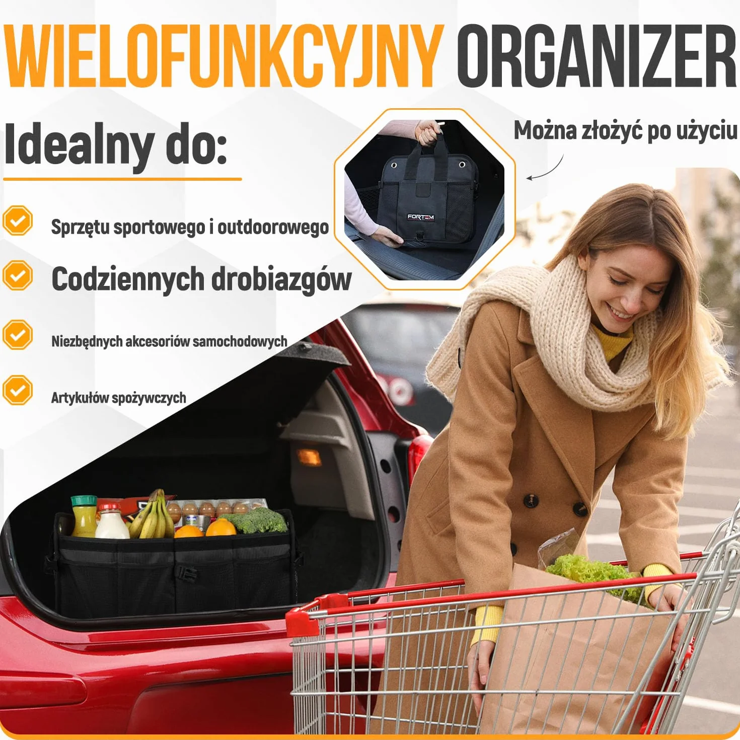 FORTEM Organizer Bagażnika Samochodowego SUV, Składany z Przegródkami, Antypoślizgowy Spód, Regulowane Pasy Mocujące, Składana Pokrywa, Praktyczne Przechowywanie Akcesoriów (65L)