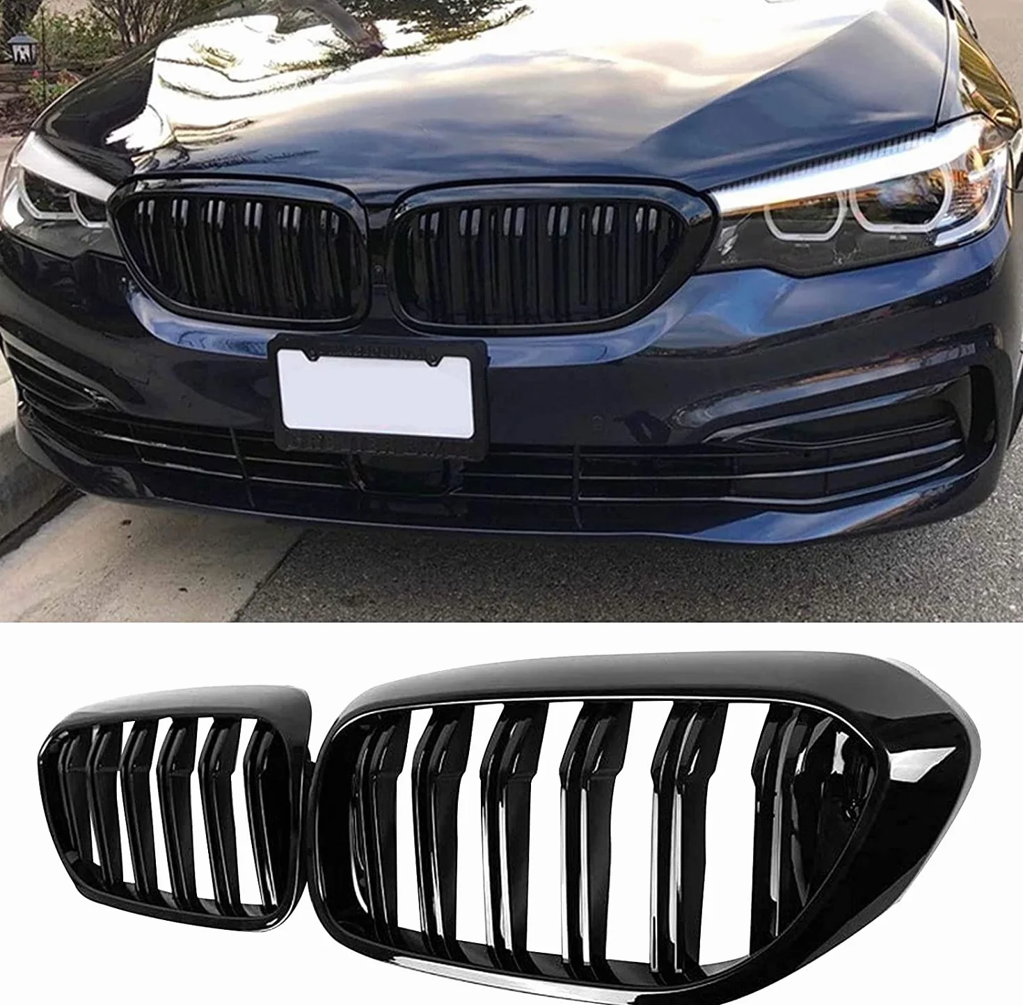 G30 kratka chłodnicy, nerki G31, czarna, pasuje do BMW serii 5 G30 G31, grill nerki, czarny, 2017-2020, podwójne lamele, czarne, błyszczące