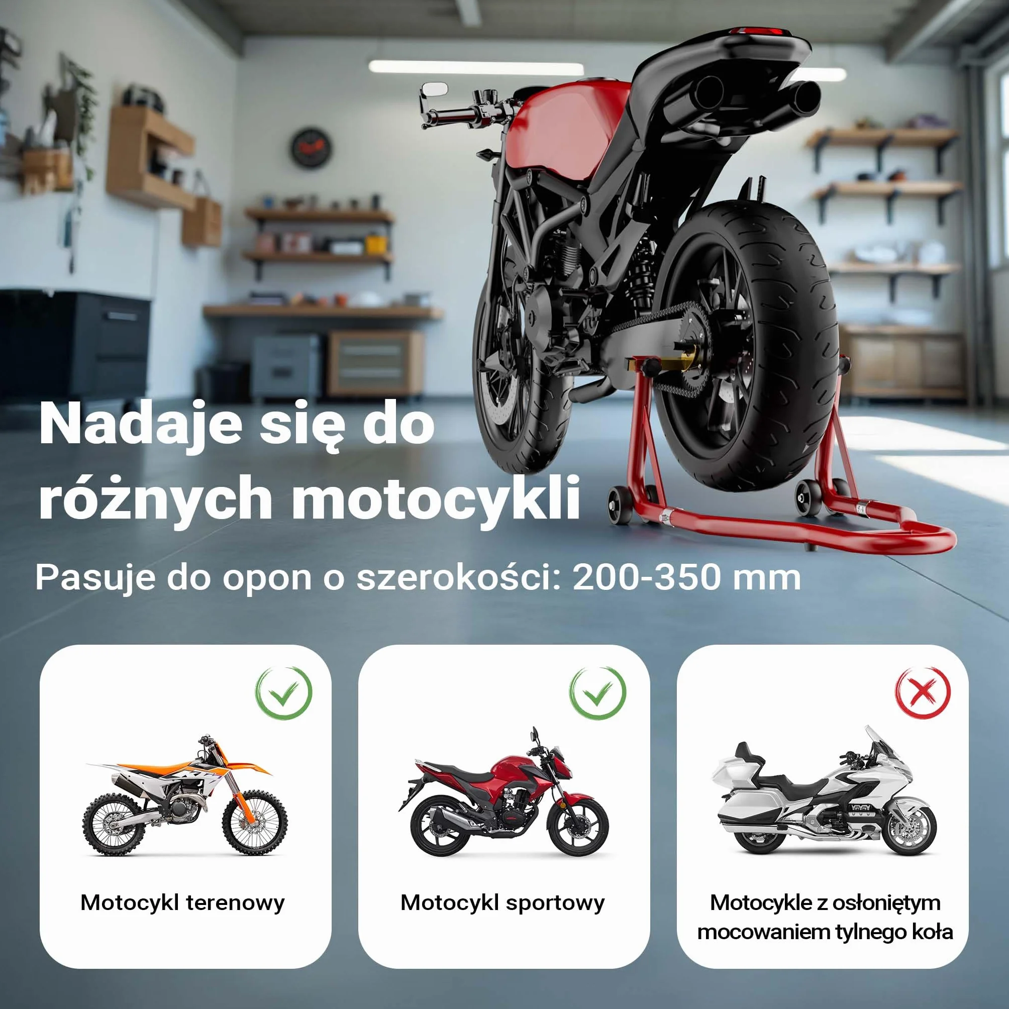Wiltec Stojak na motocykl o wymiarach 370 x 325 mm do tylnego koła o szerokości 200-340 mm, stojak do serwisu koła motocyklu