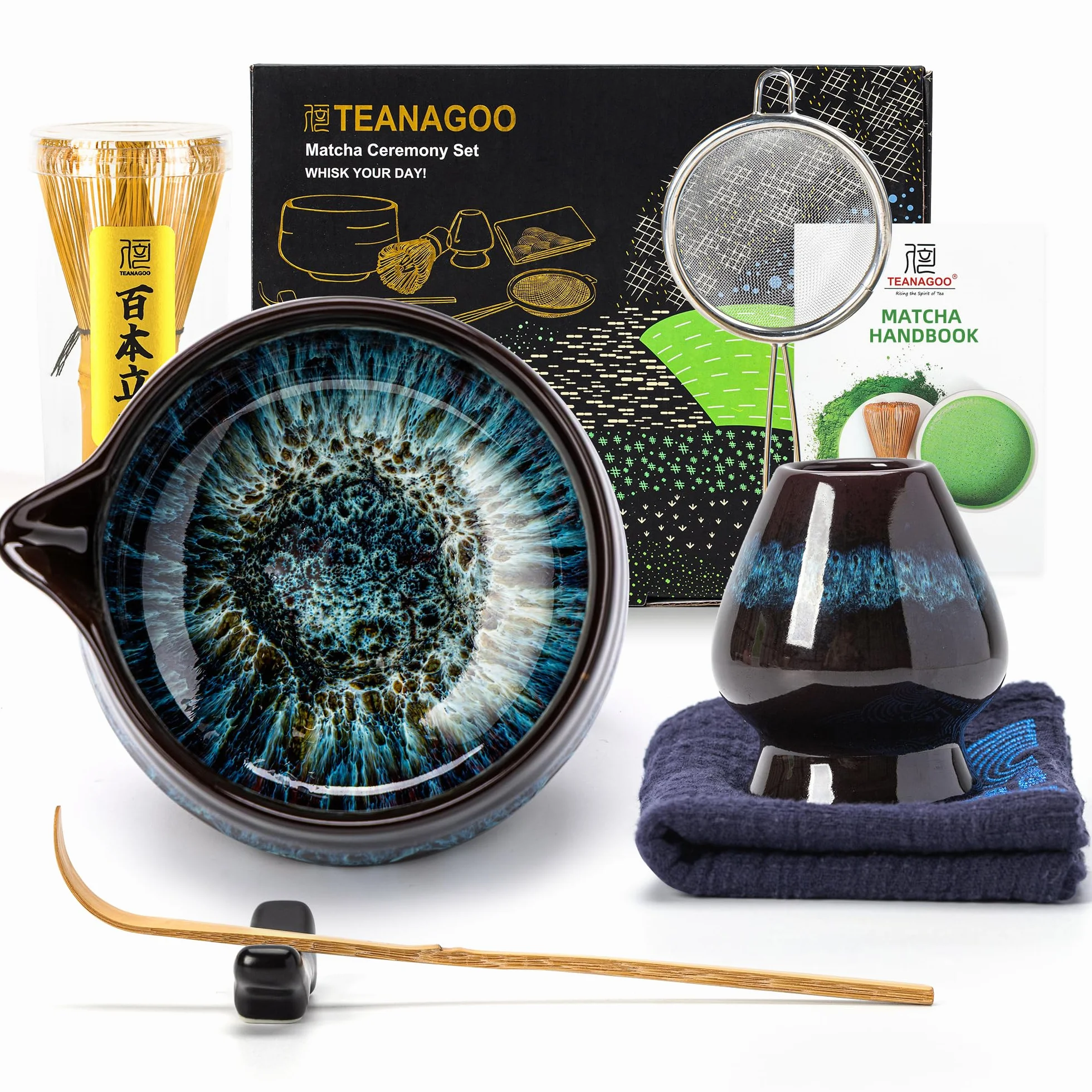 TEANAGOO Zestaw do trzepaczki Matcha, zestaw matcha na ceremonię, zestaw do herbaty matcha do robienia śniadania/latte matcha, ceramiczna miska do matcha z wylewką i trzepaczką, prezent dla miłośnika