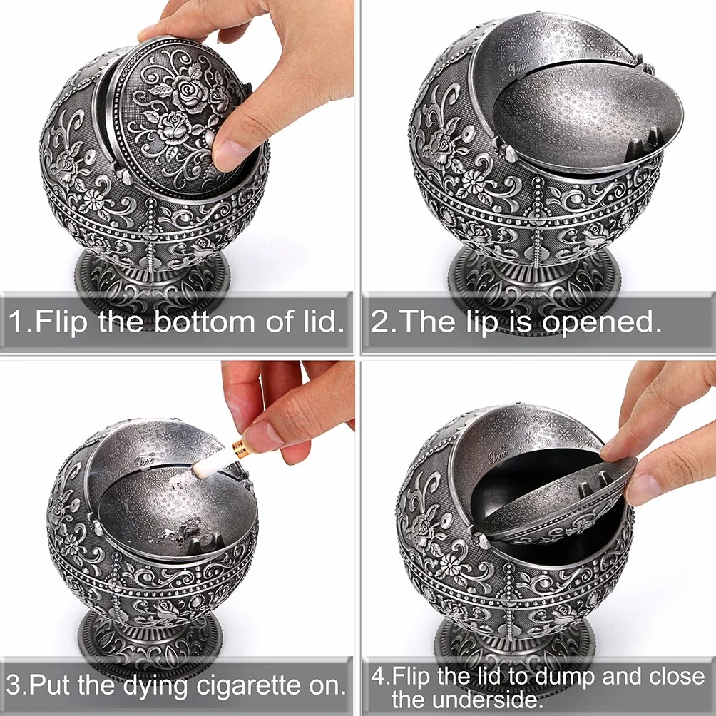BSTKY Windfester Vintage-Aschenbecher mit Deckel - Klassisches Burgenmuster, Tisch-Aschenbecher, für drinnen und draußen, Retro, für zu Hause, Büro, als Dekoration silber