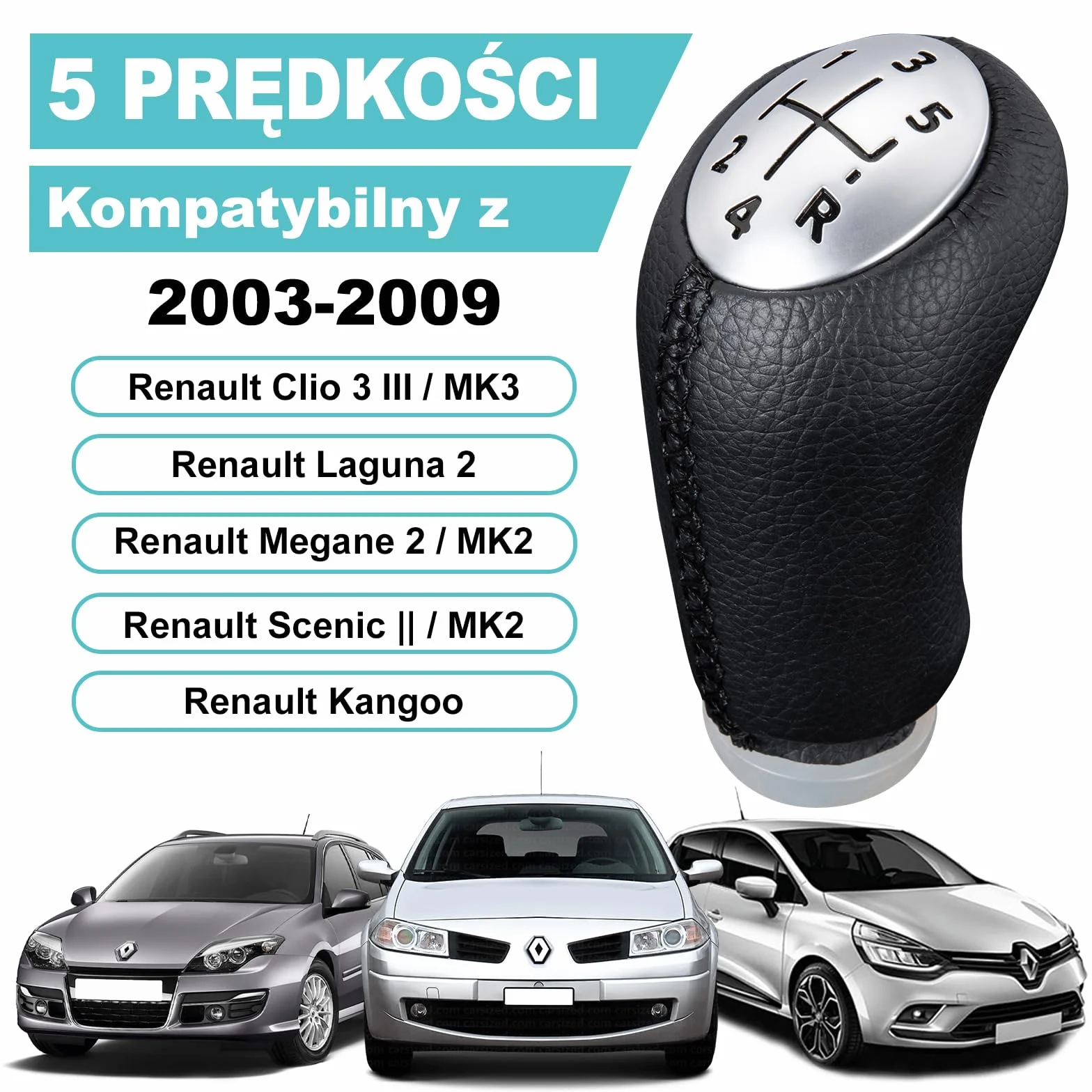 Gałka dźwigni zmiany biegów Spurtar do Renault Clio III 2005-09 czarna skóra z adapterem