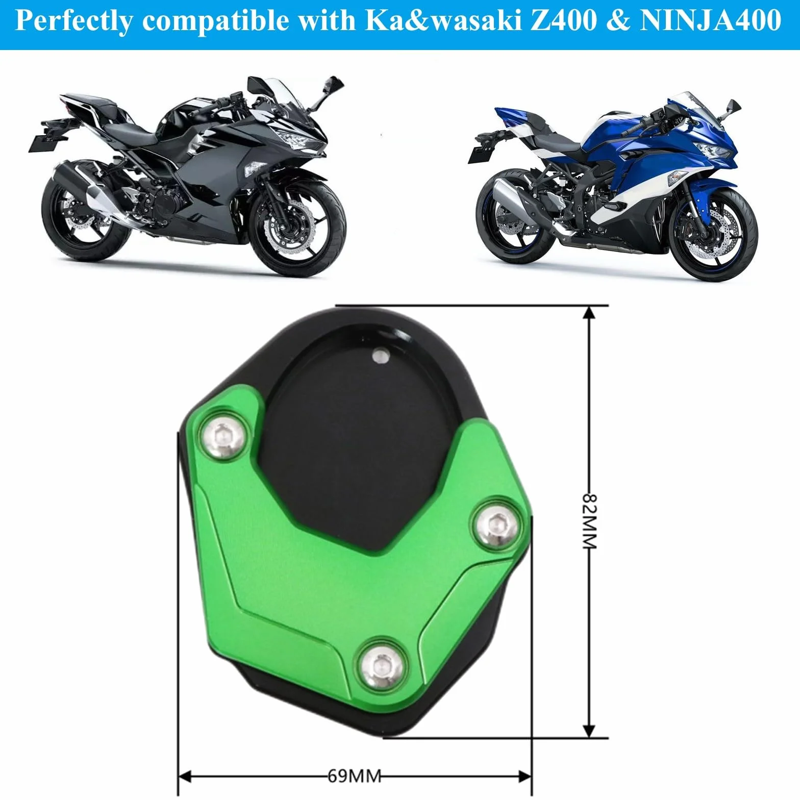 Kompatybilny z Kawasaki Z400 NINJA 400 Motocykl Podpórka Stopka Boczna Podpórka Przedłużenie Pad Zielony Stop Aluminium Motocyklowa Podpórka Płyta Podpórka Powiększ Przedłużacz Płyta Podporowa