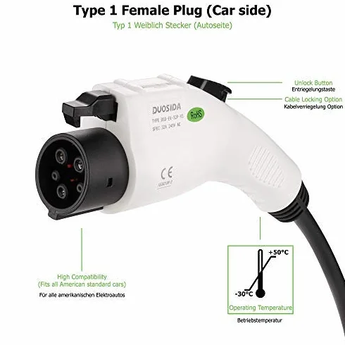Adapter do pojazdu elektrycznego kabel do ładowania - typ 2 IEC 62196 na typ 1 SAE J1772 EV + adapter ładowarki - 1-fazowy 32 A (7,6 kW) czarny/biały złącze wtykowe