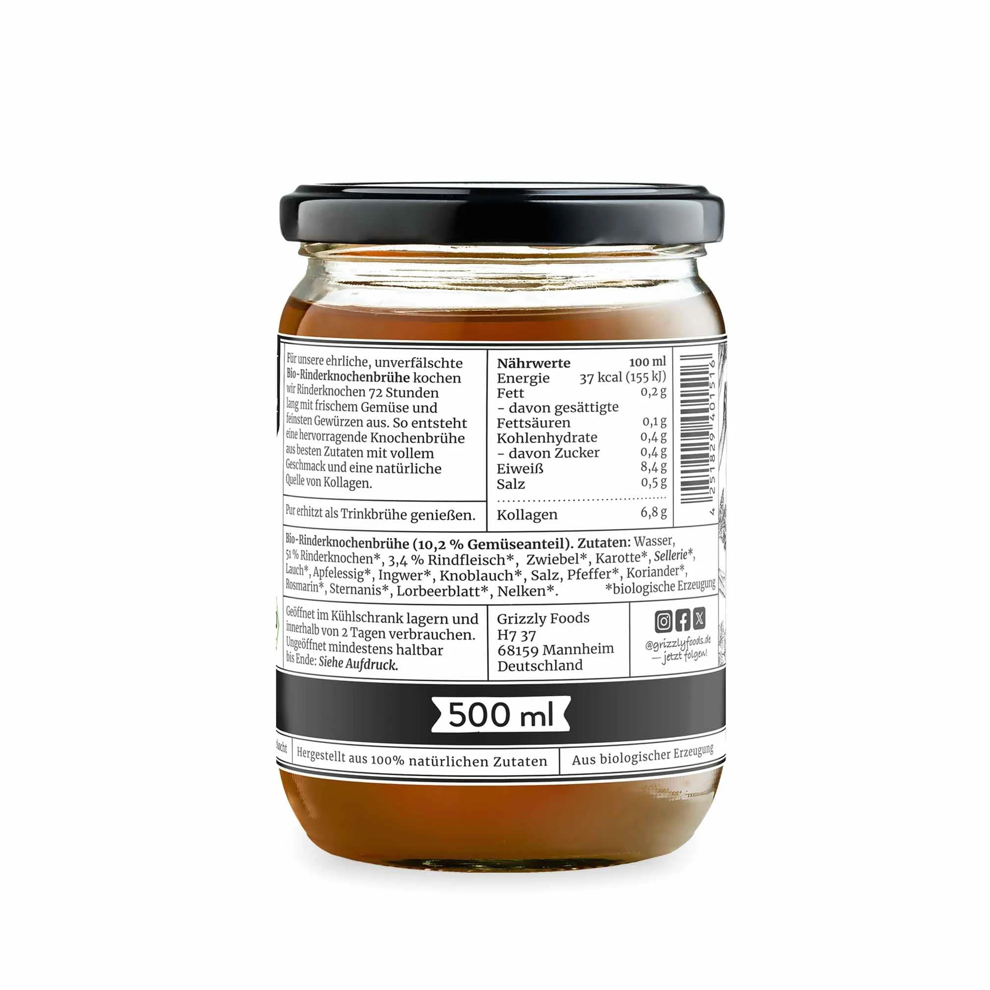 Grizzly Foods • Bio bulion z kości wołowej (6 x 500 ml) • 25 g kolagenu na szklankę • gotowany przez 72 godziny • 100% naturalny • bez cukru, bez dodatków • wartościowe składniki odżywcze • Bone Broth