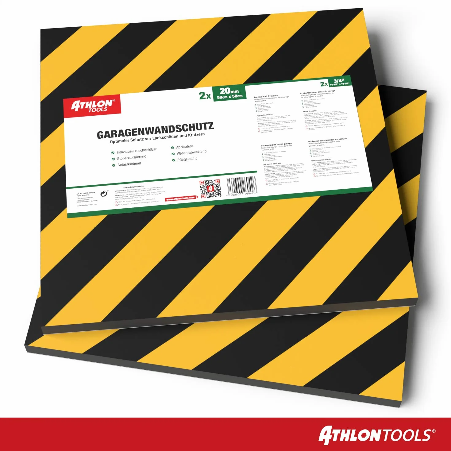 ATHLON TOOLS 2x XXL Garagen-Wandschutz reflektierend - je 50 x 50 cm - Selbstklebend - Rammschutz Prallschutz Garagenpolster Türkantenschutz (gelb/schwarz)