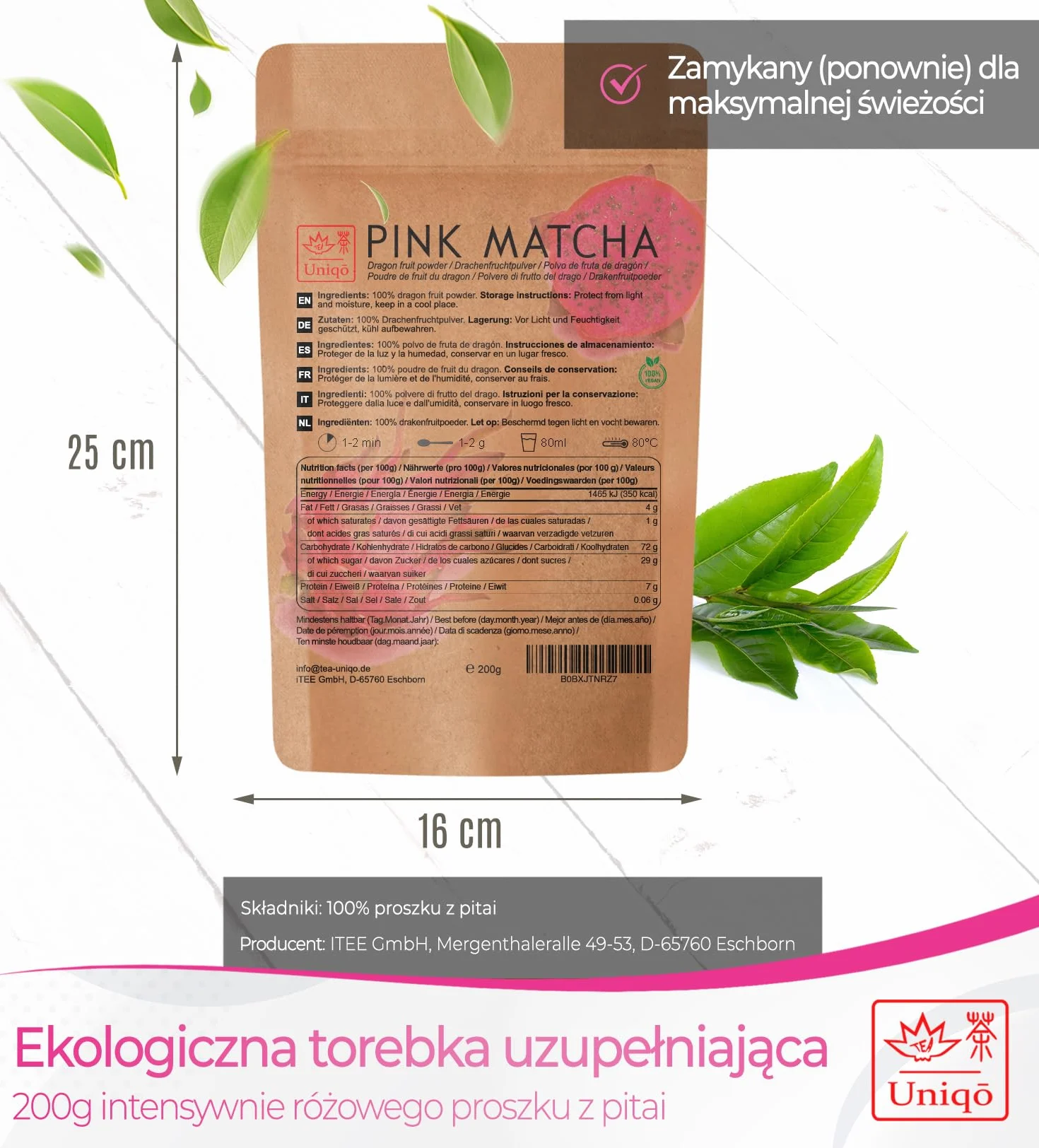 Tea Uniqo Pink Matcha – matcha w proszku ze smoczego owocu (pitai), opakowanie 200 g