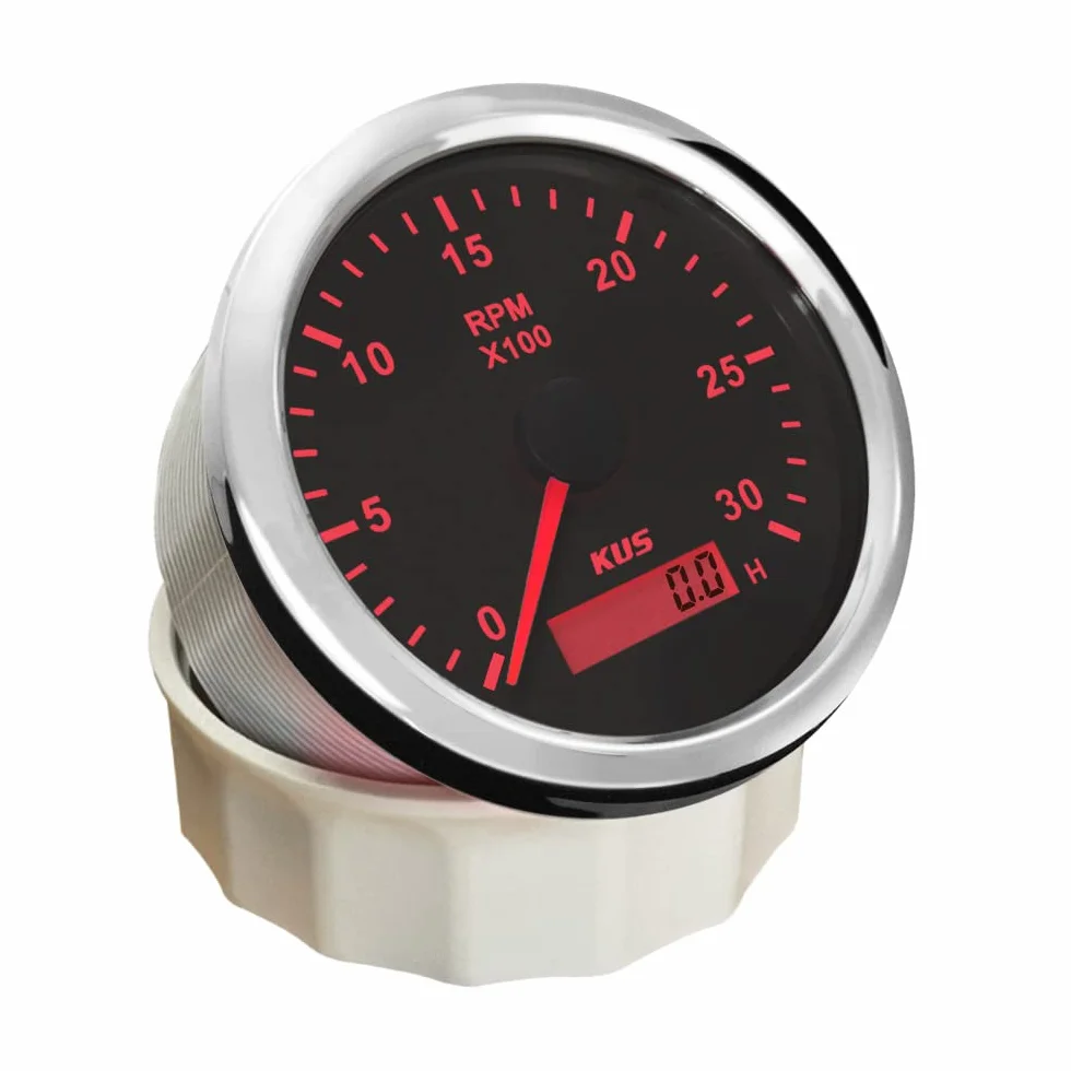 KUS Wasserdichte Drehzahlmesser Drehzahlmesser z Betriebsstundenzähler 3000RPM 85 mm 12 V/24 V Mit Hintergrundbeleuchtung (Czarny)