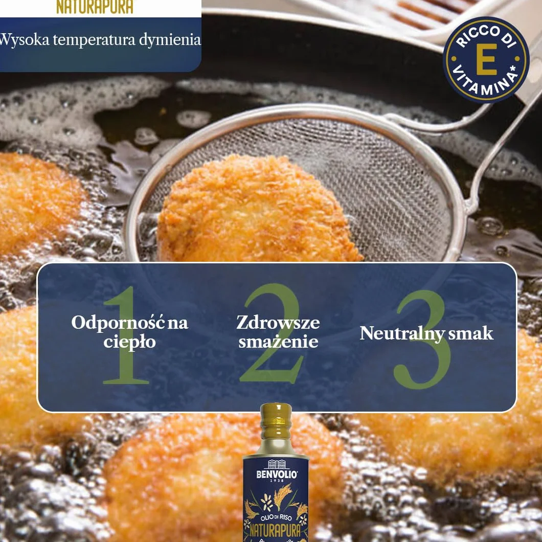 Benvolio 1938 Naturapura Naturalny Olej z Otrębów Ryżowych BEZ GMO 500 ml | Wysoki Punkt Dymienia, Chrupiące Smażenie, Lekkie Podsmażanie, Dania Orientalne | Regeneruje, Odżywia i Stymuluje Włosy