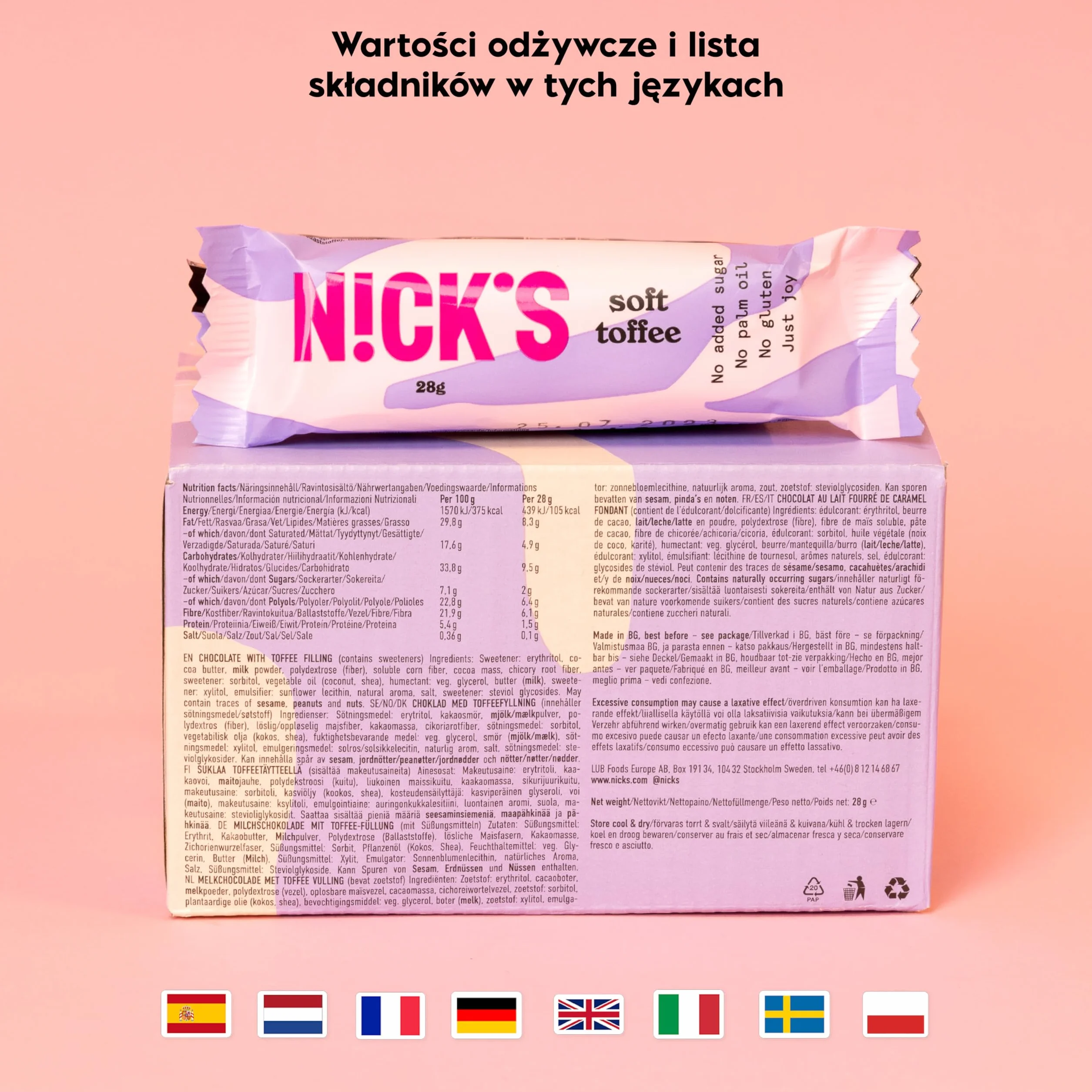 NICKS Soft toffee batonik czekoladowy keto bez cukru low carb 110 kalorii 3.5g węglowodanów netto 15x28g