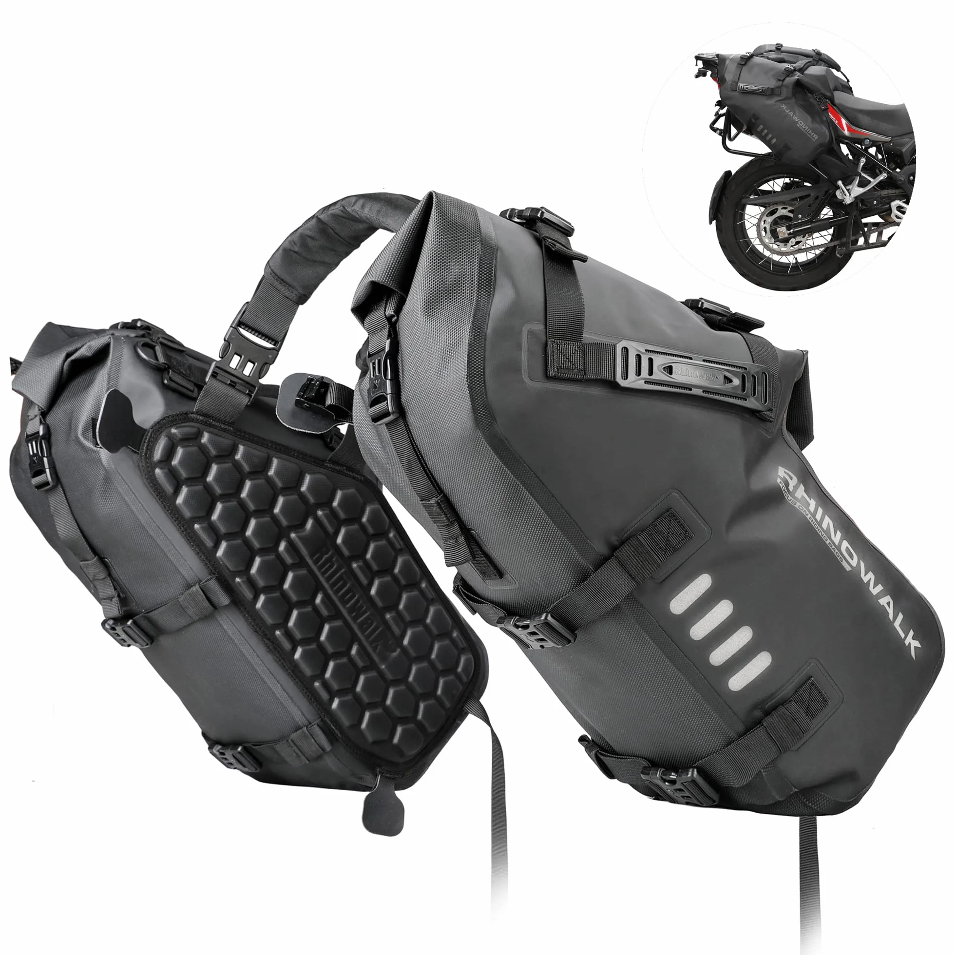 Rhinowalk Wodoodporna torba na siedzenie motocyklowe, 28 l ( 2 x 14 l), boczna, na bagażnik, akcesoria
