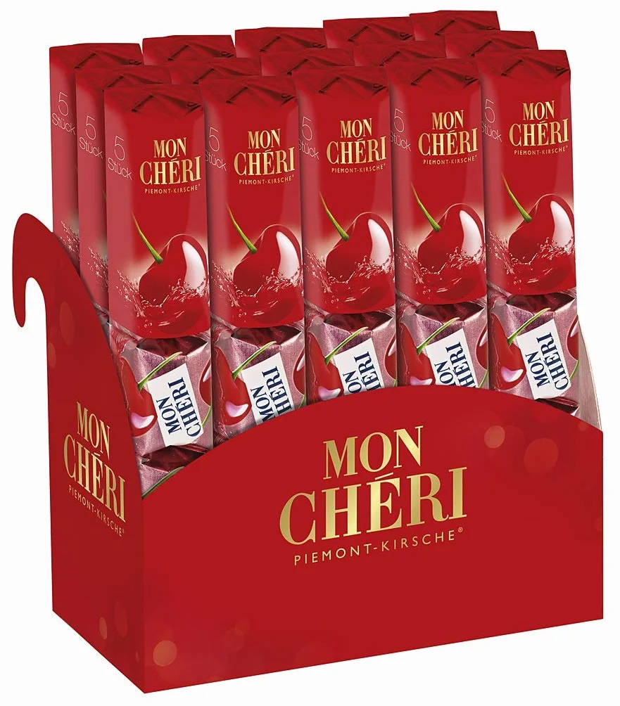 Ferrero Mon Chéri – chrupiąca czekolada, owocowy likier i aromatyczna wiśnia – 15 opakowań po 5 pojedynczych pralinek