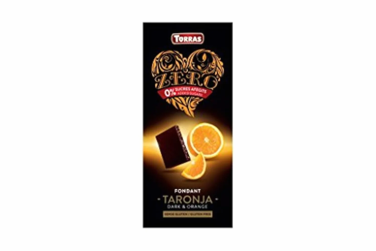 Torras Zero czekolada, czekolada bez dodatku cukru, ciemna czekolada z pomarańczowymi kawałkami, tablica (125 g)