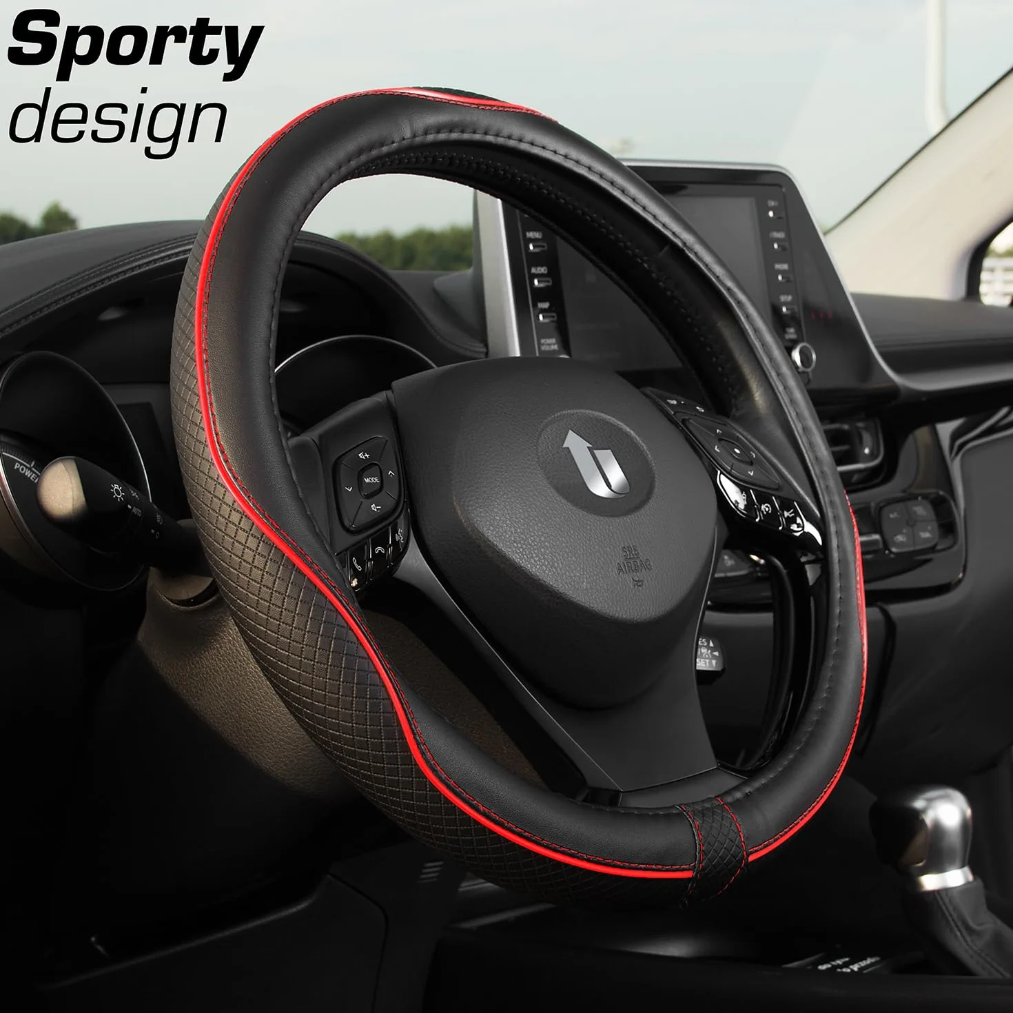 Upgrade4cars Czerwono-Czarny Pokrowiec na Kierownicę Imitacja Skóry | Uniwersalna Nakładka na Kierownicę 37-38 cm na Lato i Zimę | Akcesoria Samochodowe | Prezent dla Niej i Niego