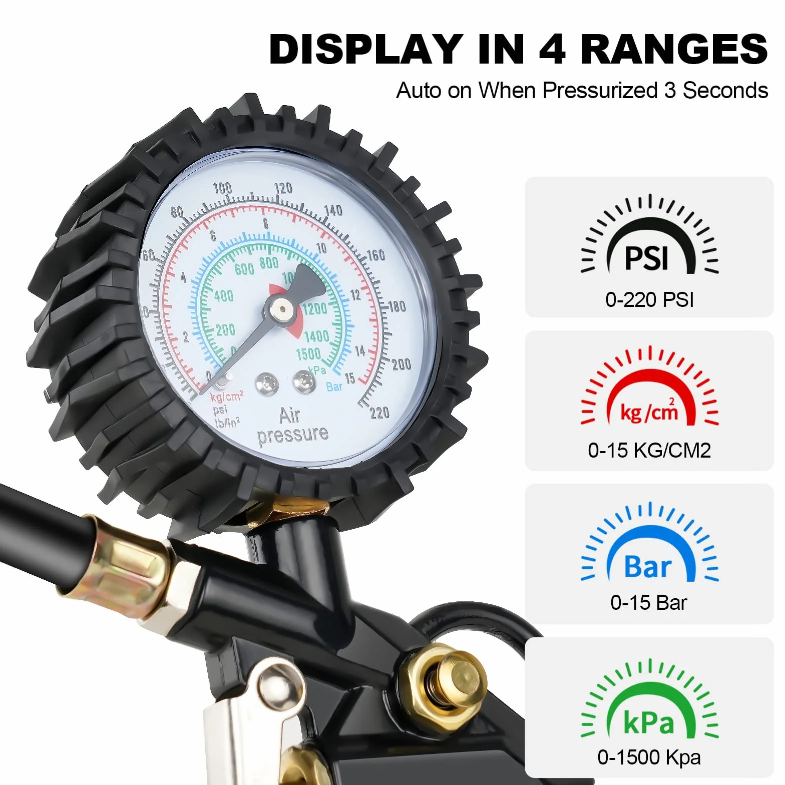 Manometr do opon, 220 PSI, pompka do opon z gumowym wężem, narzędzie rdzeniowe zaworu, akcesoria do sprężarek, adapter, nadaje się do sprężarki, samochodu, motocykla, roweru, ciężarówki