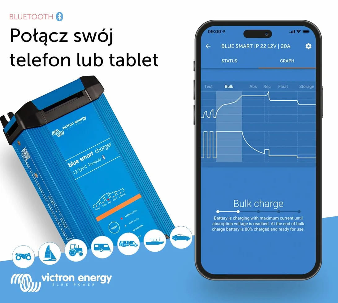 Victron Energy Blue Smart IP22 12-Volt 20 amp 230V, Jedno Wyjście Ładowarka do Akumulatorów CEE 7/7, Bluetooth