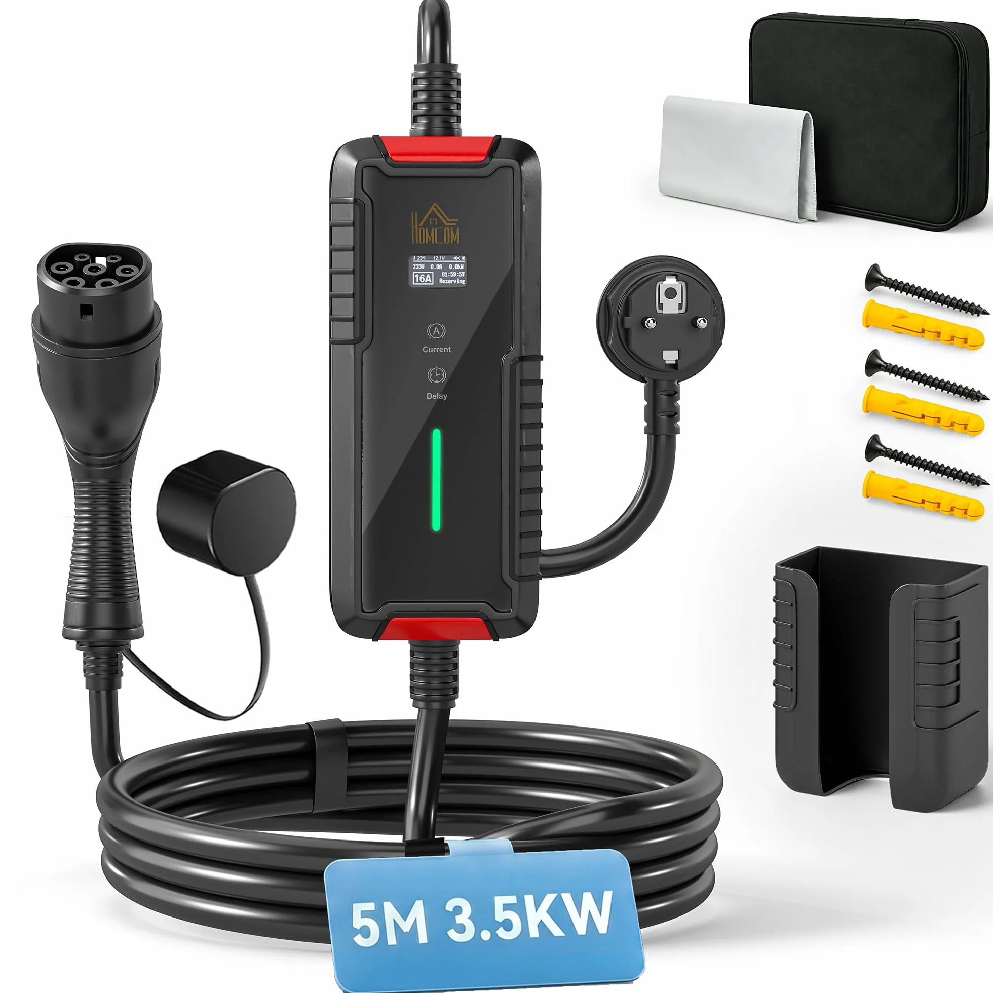 HOMCOM Ładowarka samochodowa typu 2 3,5kW [5m, 6/8/10/13/16A] - przenośny kabel ładujący z cyfrowym wyświetlaczem LCD i bezpiecznym samowyzwalaczem - Mobilna stacja ścienna do VE PHEV Zoe Tesla e-208