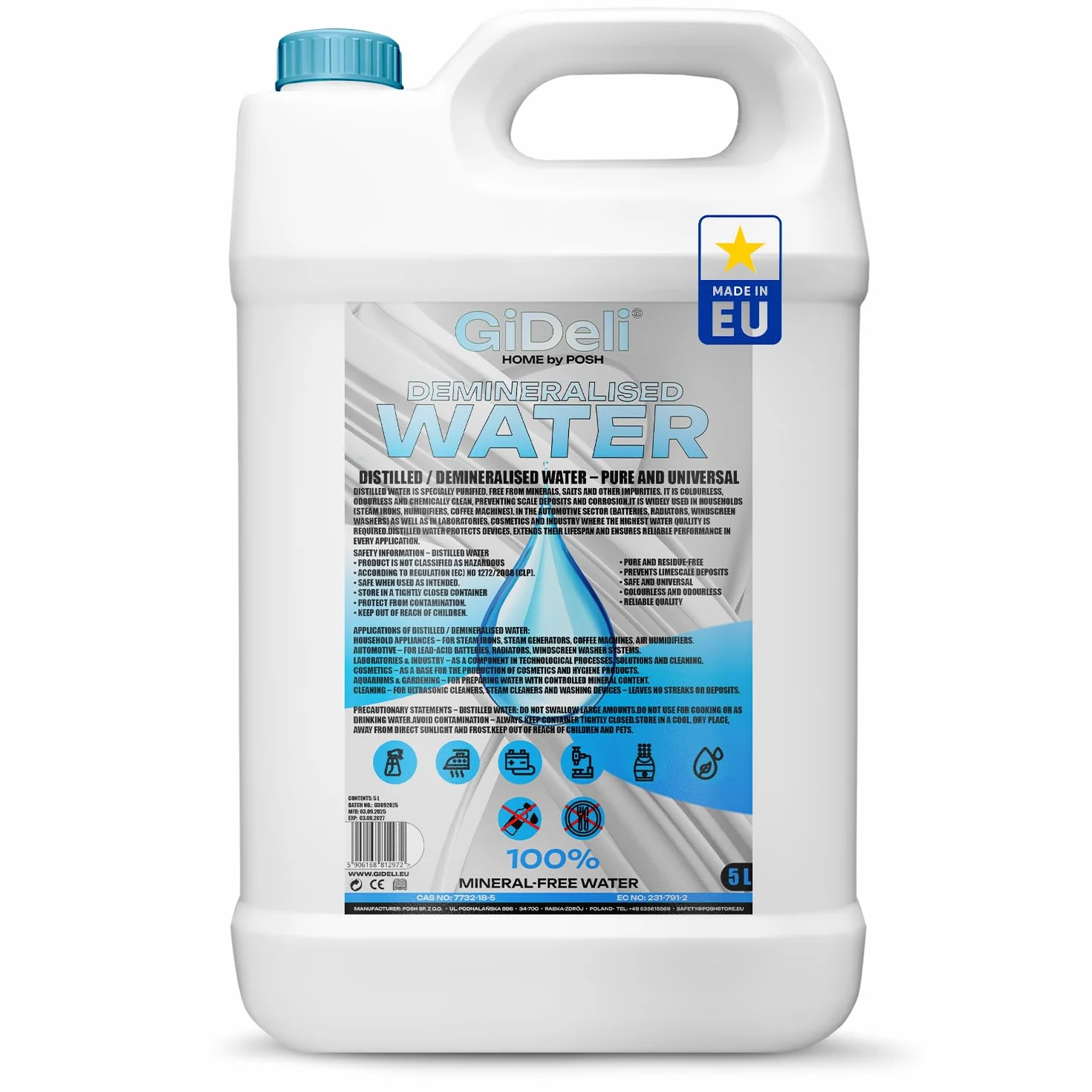 GiDeli Woda demineralizowana 5L Woda destylowana do żelazka, baterii, chłodnic, nawilżaczy, akwarium i laboratorium Woda bez wapnia, bezzapachowa, klarowna