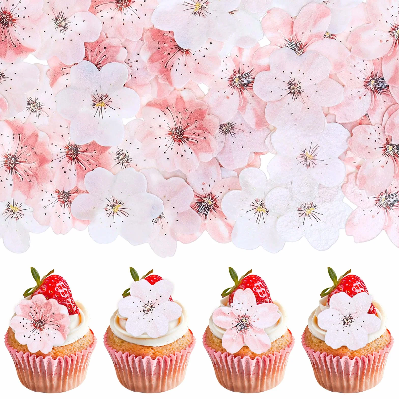 Jadalne ozdoby na babeczki z kwiatami wiśni, jadalne kwiaty wiśni, dekoracje, ciasto, papierowe, kwiaty, babeczki, na ślub, baby shower, przyjęcie urodzinowe, materiały rocznicowe, 75 szt
