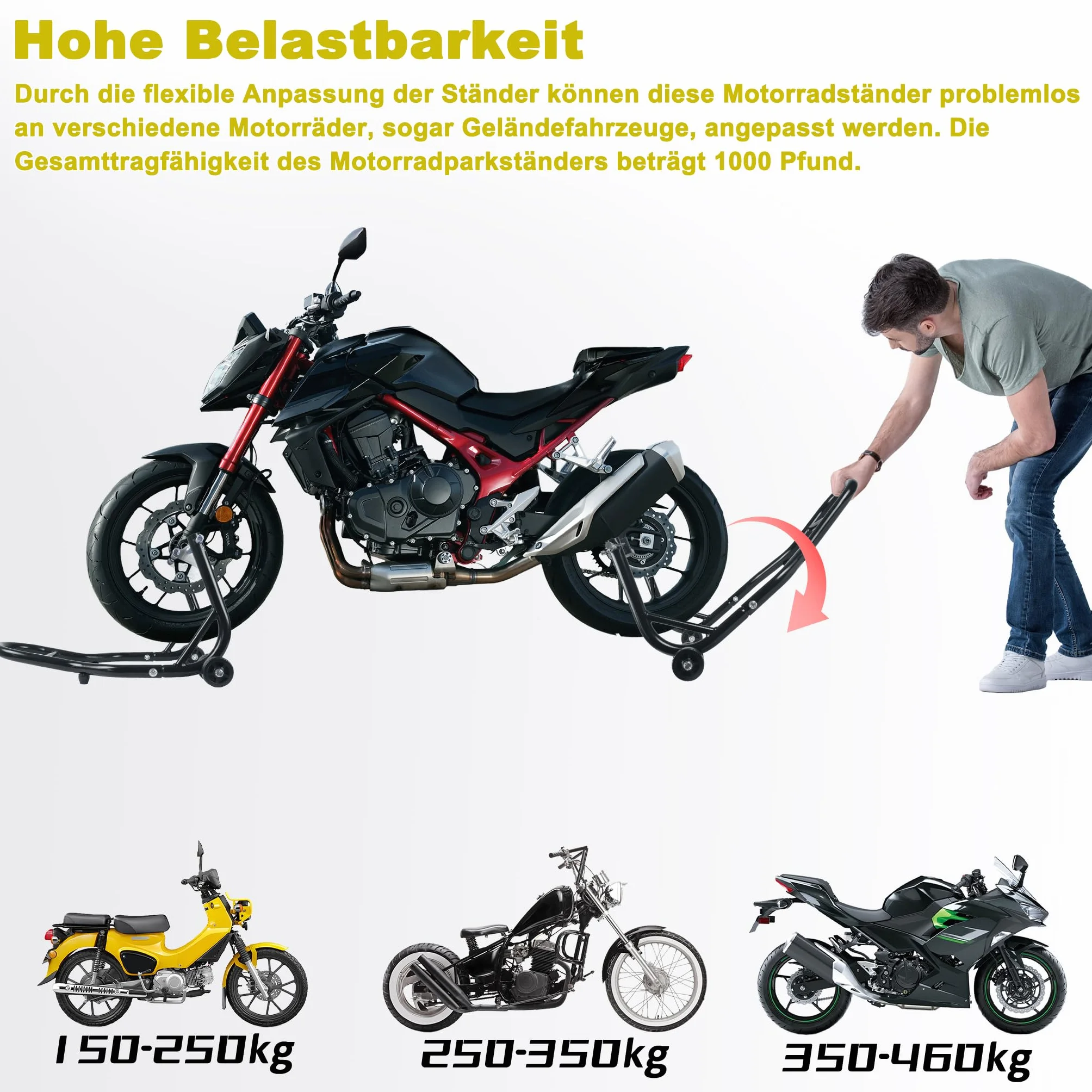 XMTECH 2 sztuki stojaków na motocykl z tyłu i z przodu, stojak do montażu motocykla, stojak na motocykl, zestaw z kółkami, czarny