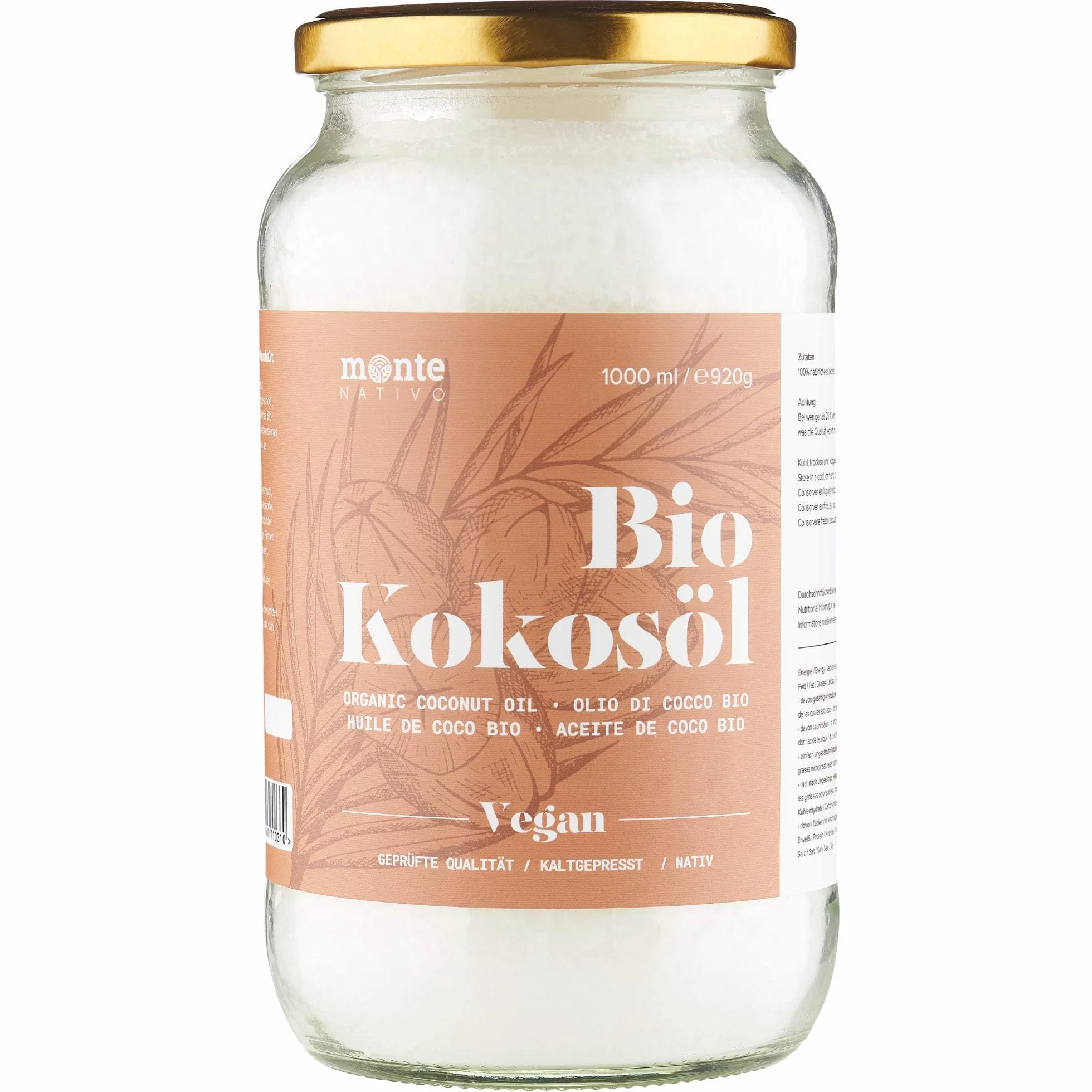 Organiczny olej kokosowy Monte Nativo - 1000ml (1 litr) - Premium, 100% naturalny, z pierwszego tłoczenia na zimno, wysoka jakość żywności surowej - do gotowania, smażenia i pieczenia, do pielęgnacji skóry i włosów