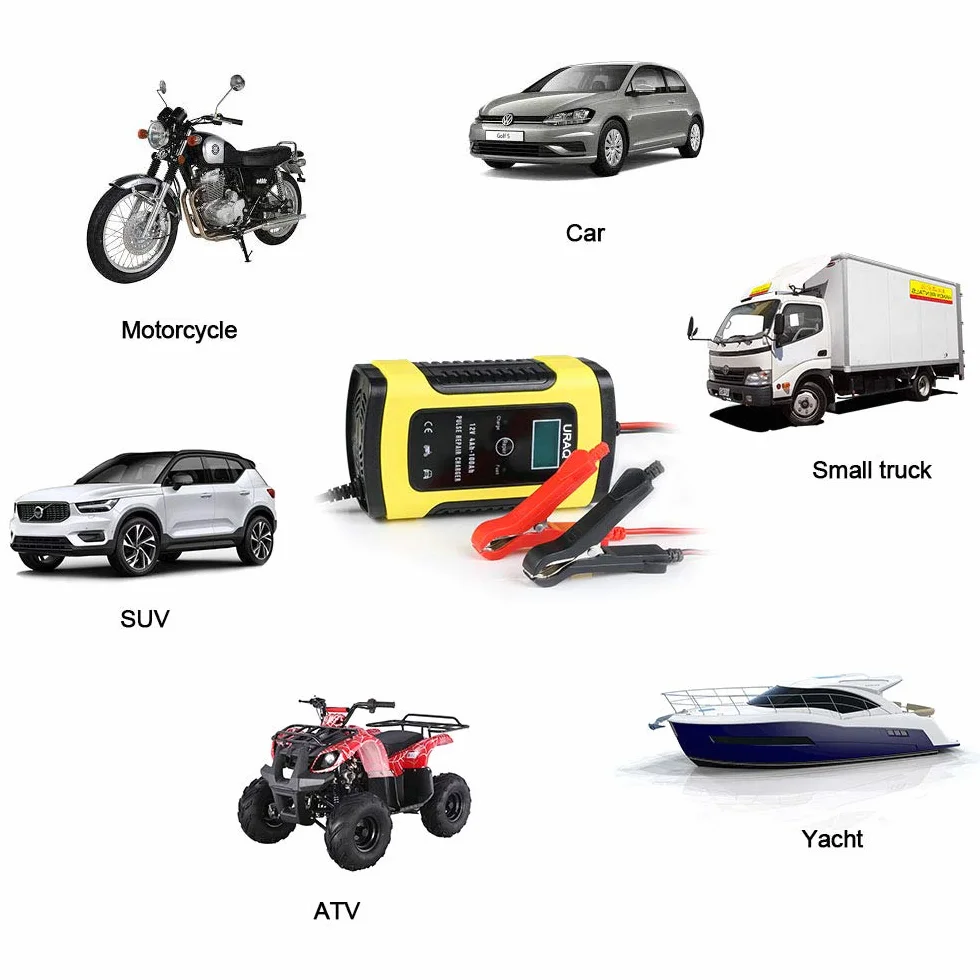 URAQT Ładowarka do akumulatora samochodowego, 6 A/12 V, w pełni automatyczna, inteligentna ładowarka podtrzymująca z wyświetlaczem LCD, odsiarczanie baterii z ochroną wielokrotną do samochodu, motocykla, łodzi (żółta)