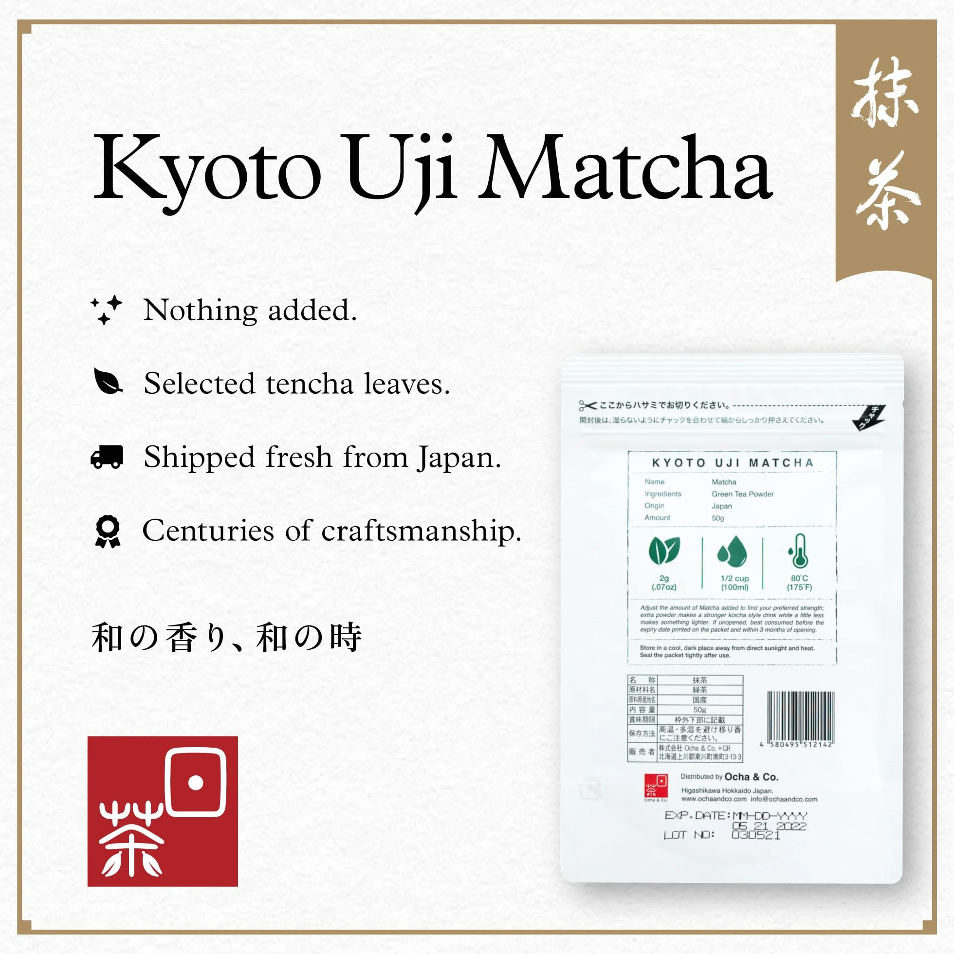 Ocha & Co. Kyoto Uji Matcha - Ceremonial Grade Matcha Powder - Najwyższej jakości tradycyjny kamień frezowany japońska zielona herbata matcha w proszku, 50 g/1,75 uncji.