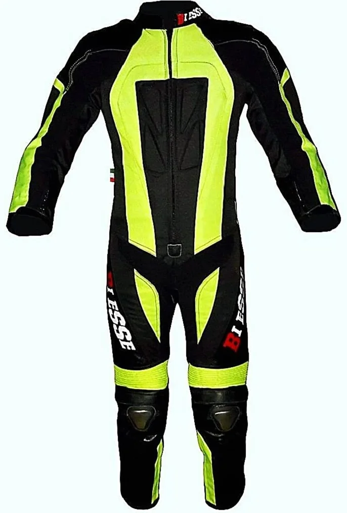 BI ESSE Kombinezon mini motocyklowy dziecięcy ze skóry i Cordury, profesjonalny, z zabezpieczeniami CE, czarno-jaskrawożółty, 3XS (4–5 lat)