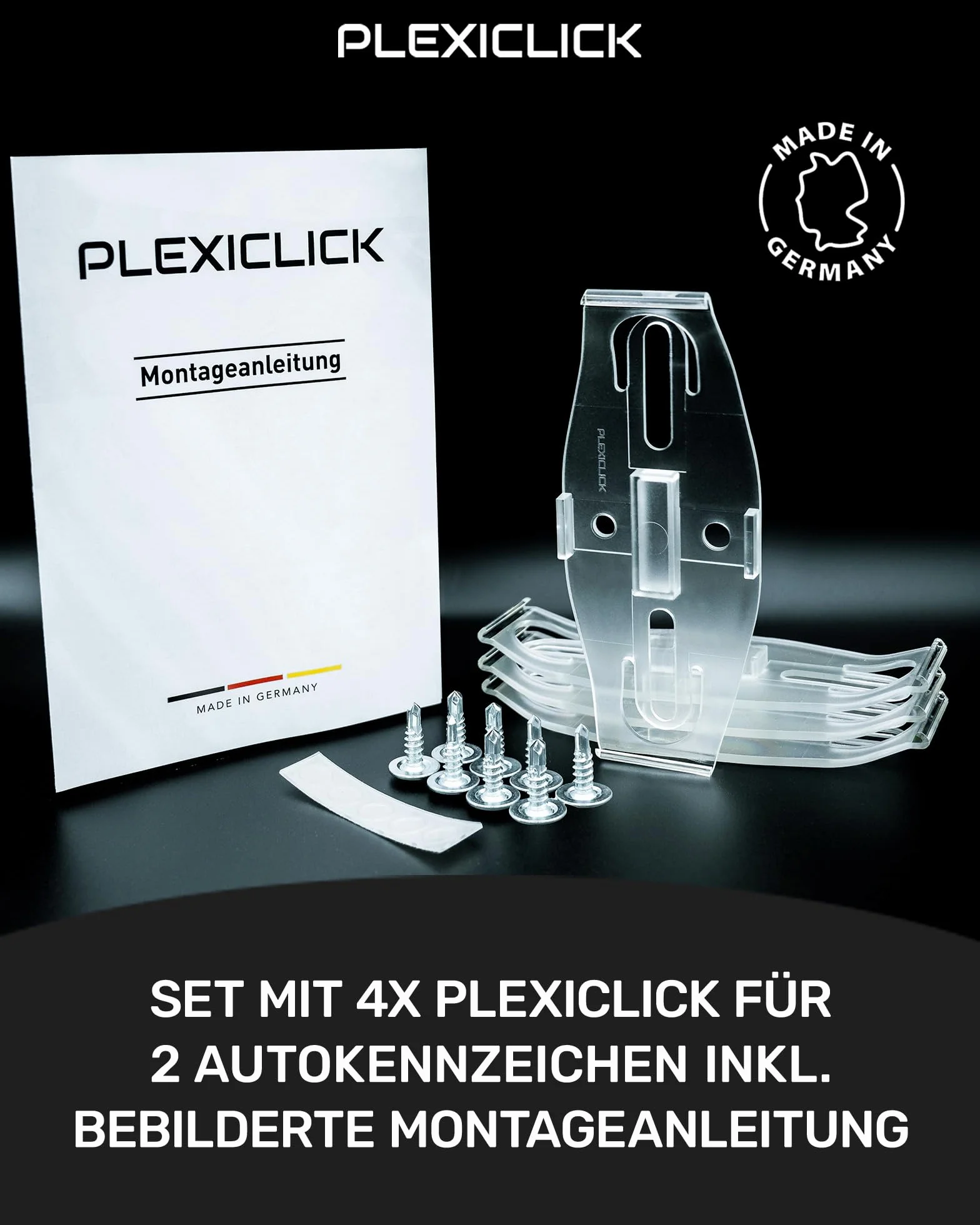 PLEXICLICK® Uchwyt tablicy rejestracyjnej, bez ramy, niewidoczny uchwyt tablicy rejestracyjnej, do pielęgnacji pojazdu, wyłącznie do niemieckich tablic rejestracyjnych