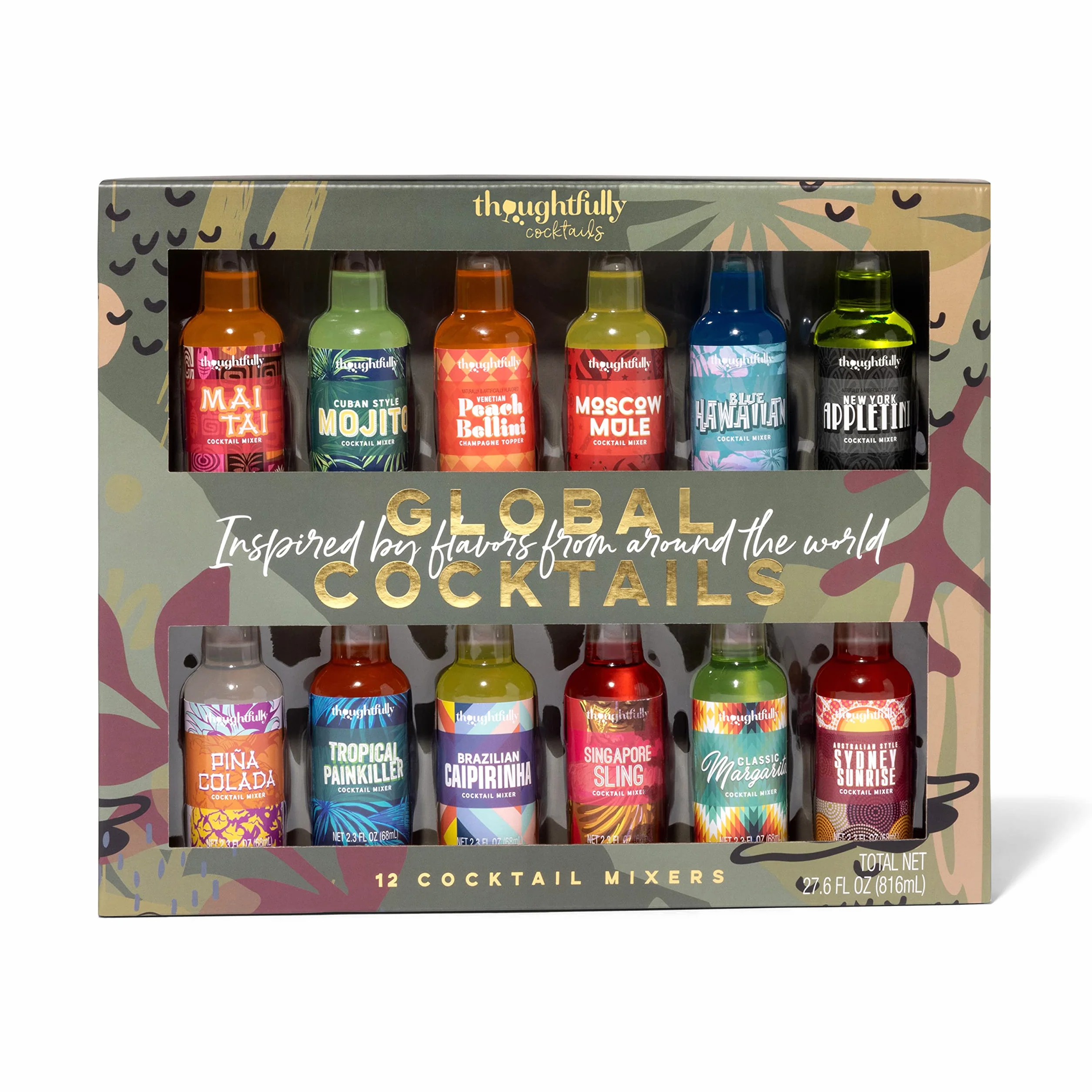 Thoughtfully Gifts Global Zestaw do koktajli, zestaw prezentowy z 12 aromatami do mieszania koktajli (bez alkoholu), 12 x 70 ml