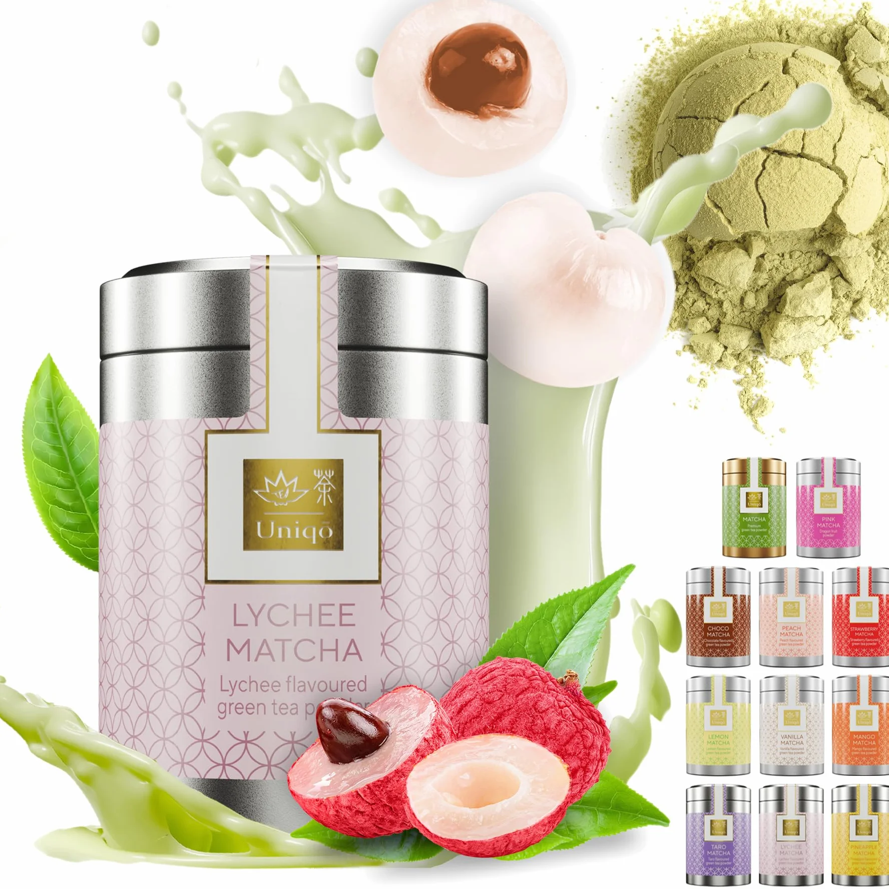 Tea Uniqo – Litchi matcha w proszku – idealny do Bubbletea, lodu lub smoothies – matcha latte w proszku o smaku liczi, bez sztucznych barwników w szlachetnej puszce
