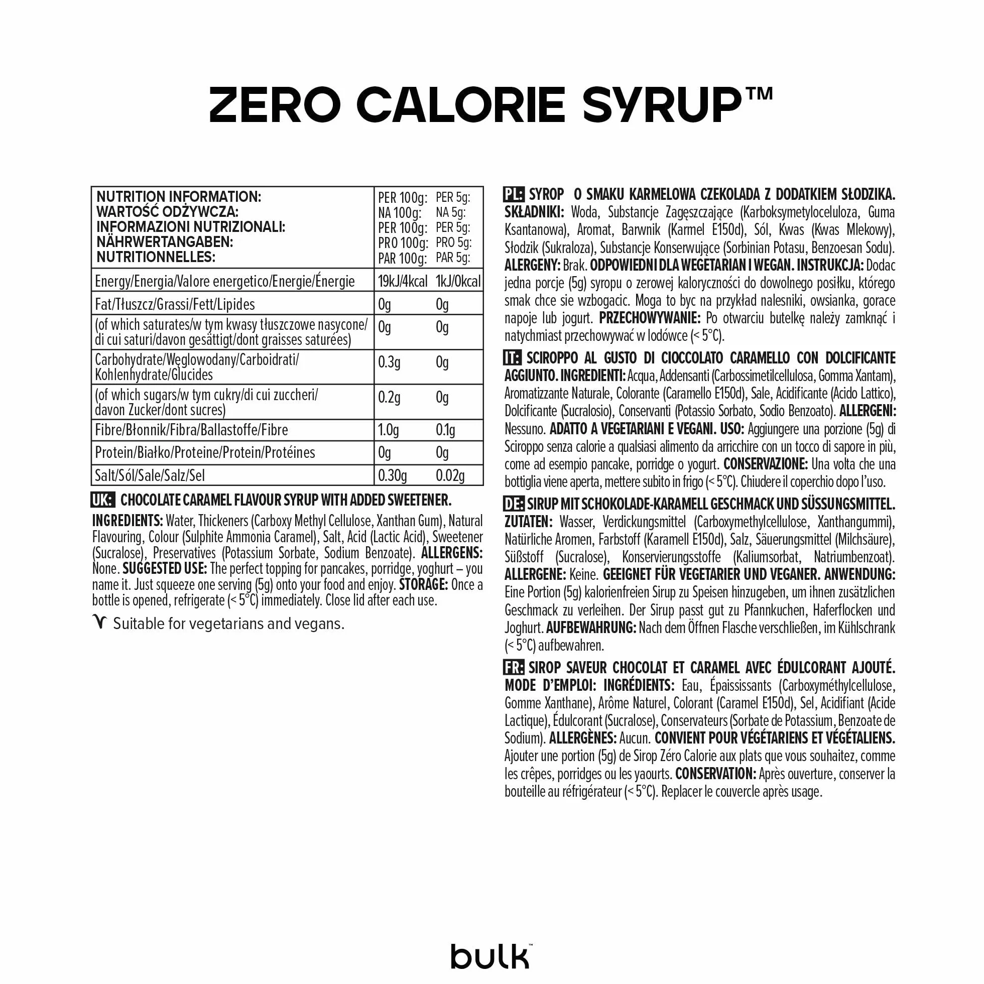 Bulk Syropy o zerowej kaloryczności, Bez cukru, Karmelowa czekolada, 400ml, 80 porcji